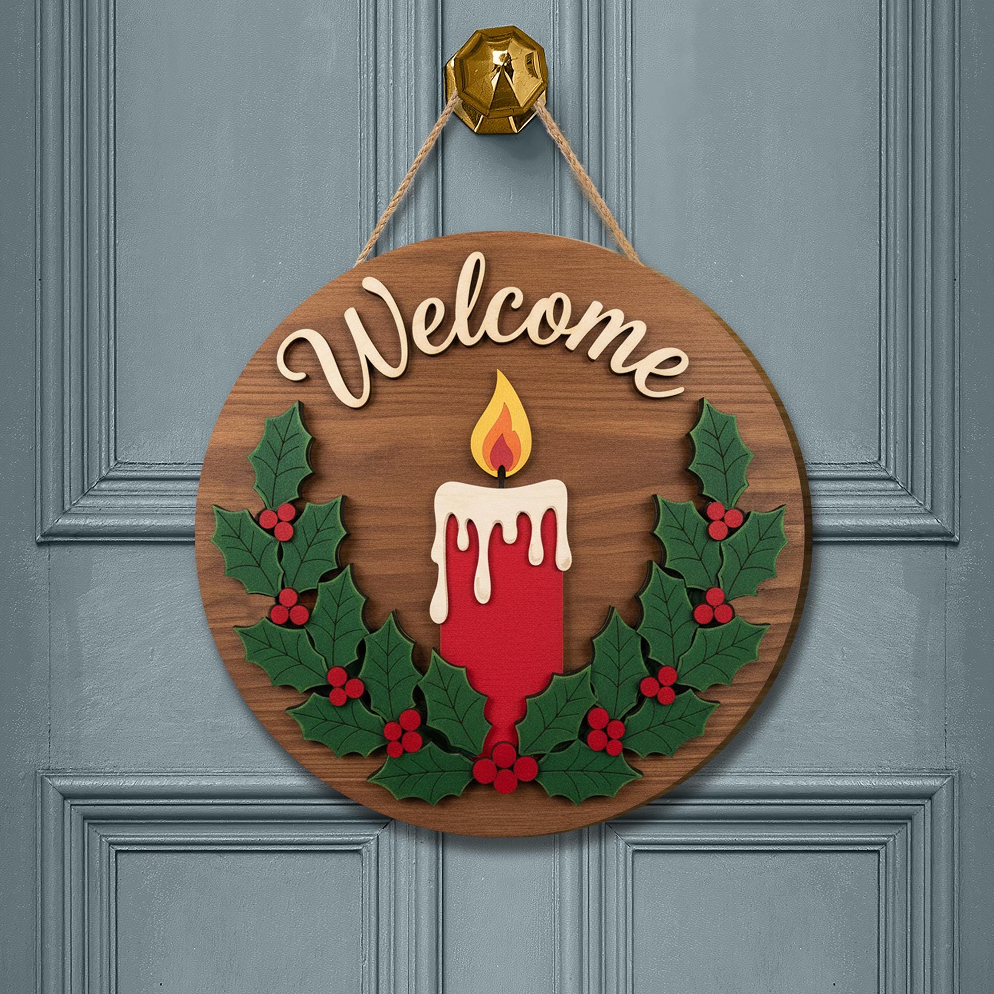 Welcome Christmas Door Sign – Wooden Holiday Candle Decoration for Winter Décor