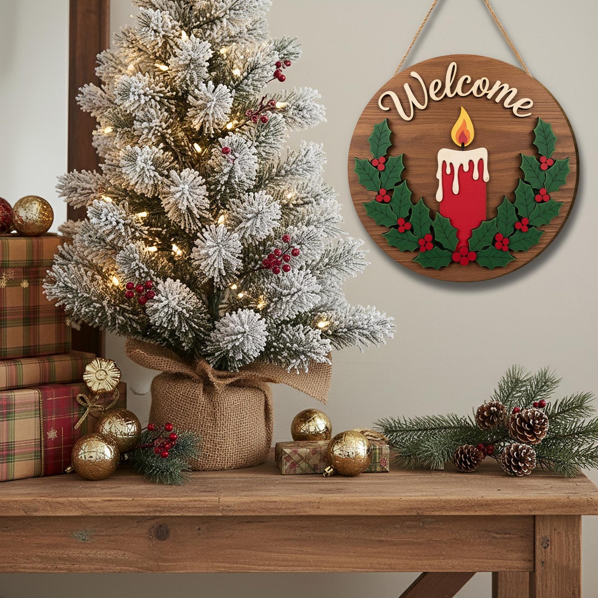 Welcome Christmas Door Sign – Wooden Holiday Candle Decoration for Winter Décor