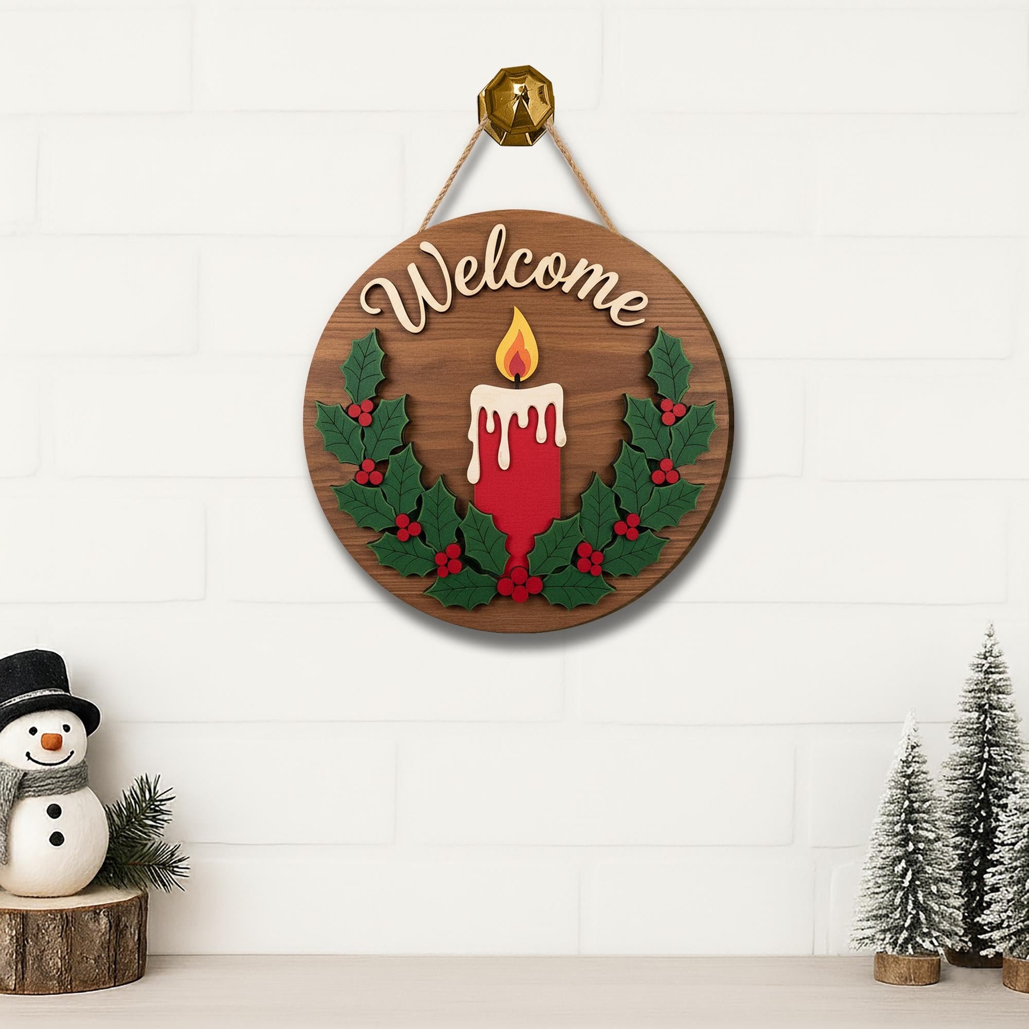 Welcome Christmas Door Sign – Wooden Holiday Candle Decoration for Winter Décor
