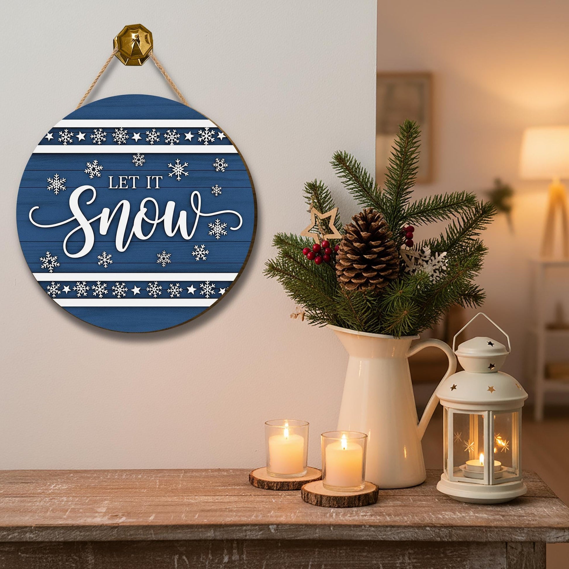 Let It Snow Christmas Ornament – Blue Winter Wooden Door Sign for Holiday Décor