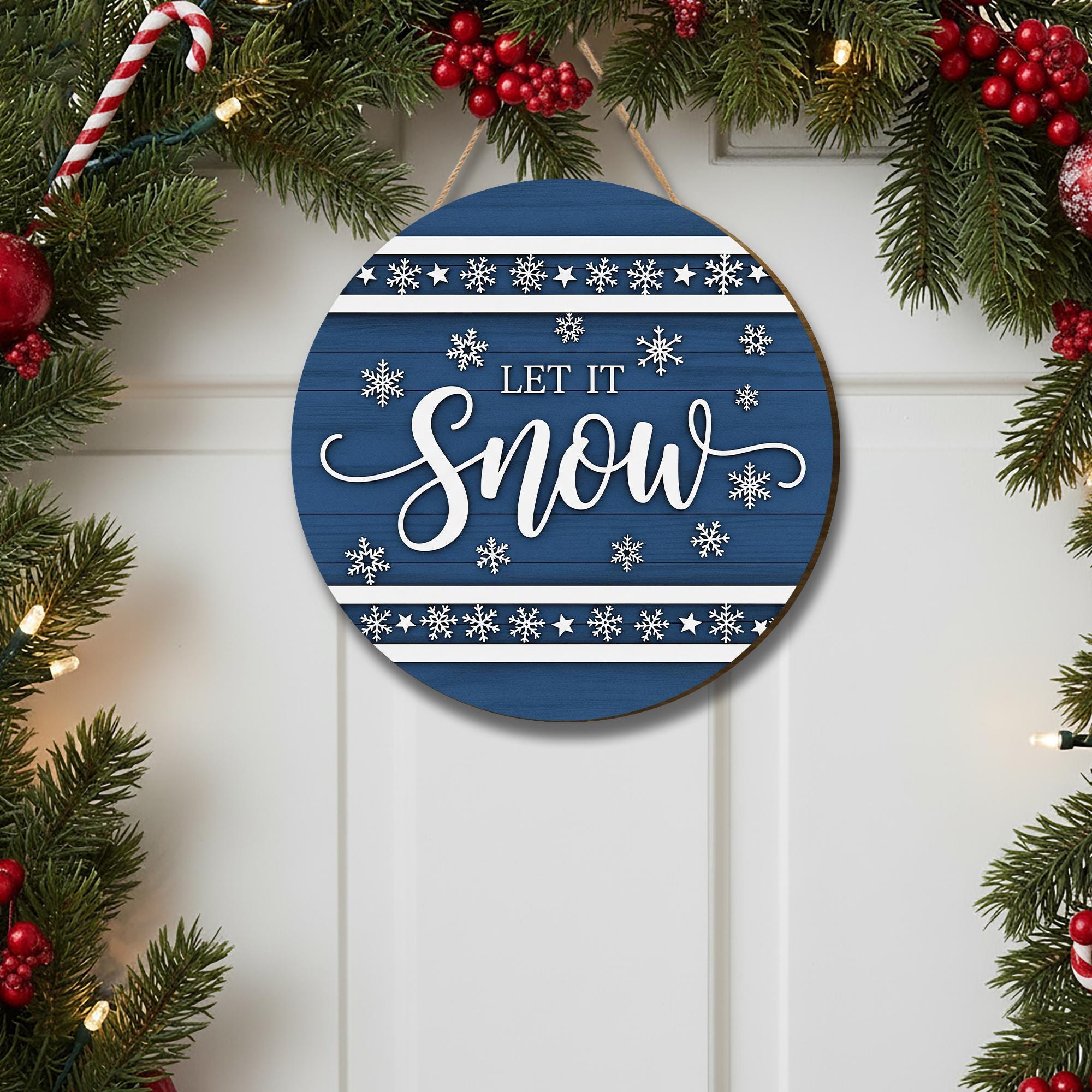 Let It Snow Christmas Ornament – Blue Winter Wooden Door Sign for Holiday Décor
