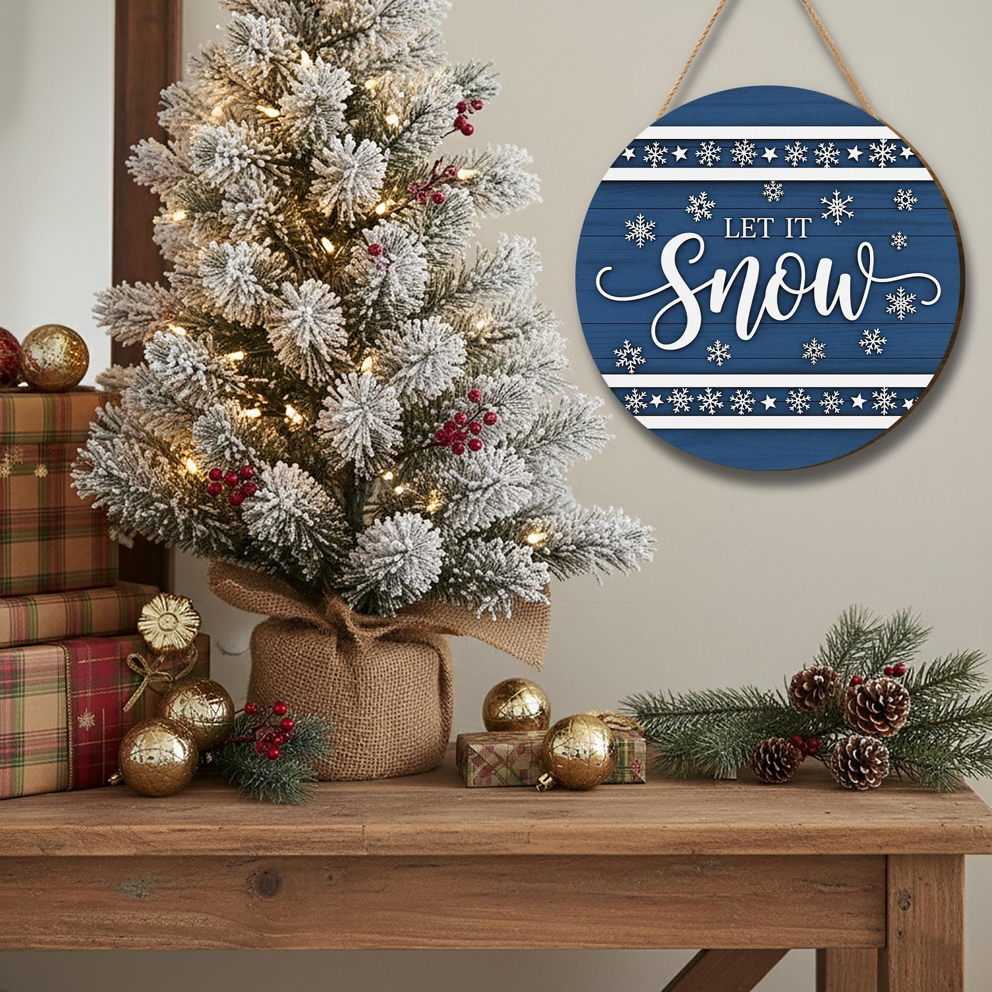 Let It Snow Christmas Ornament – Blue Winter Wooden Door Sign for Holiday Décor