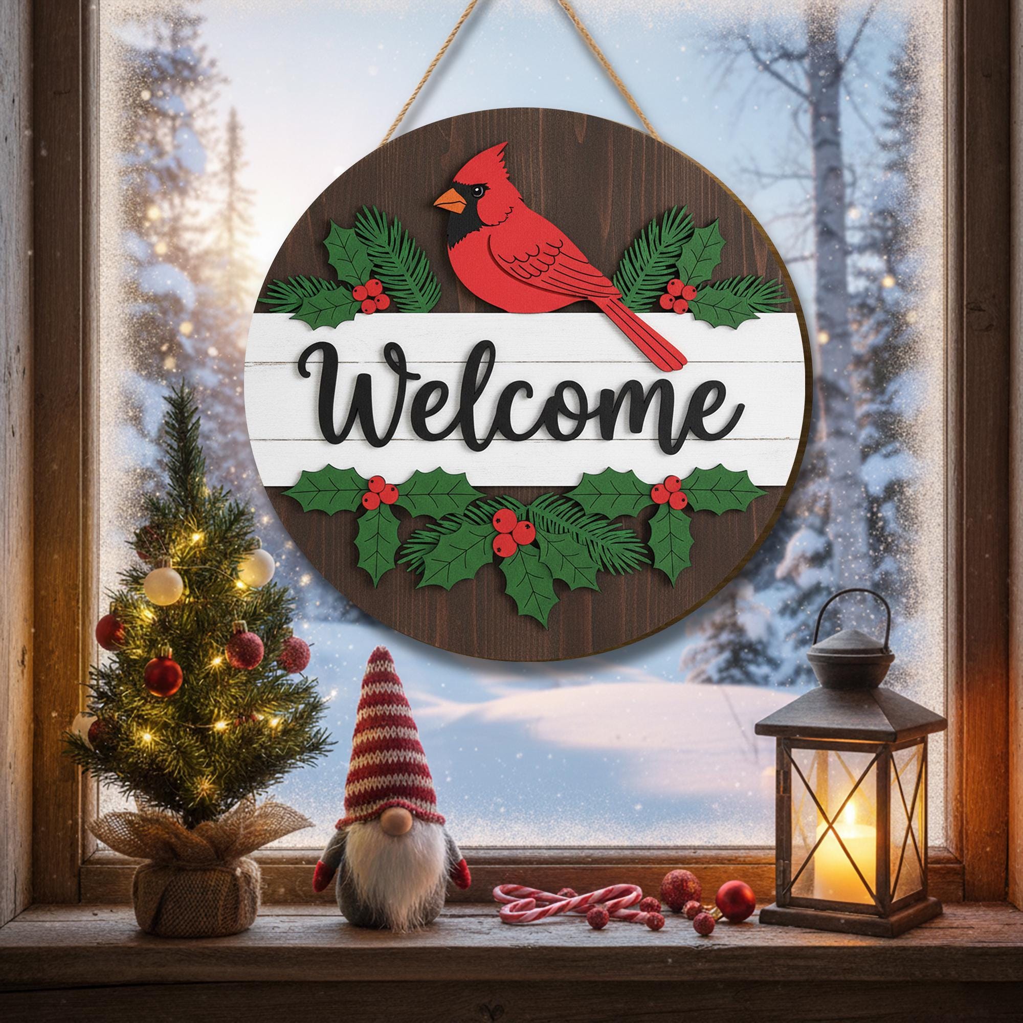 Welcome Door Hanger – Christmas Cardinal Wooden Ornament for Holiday Gifts & Décor
