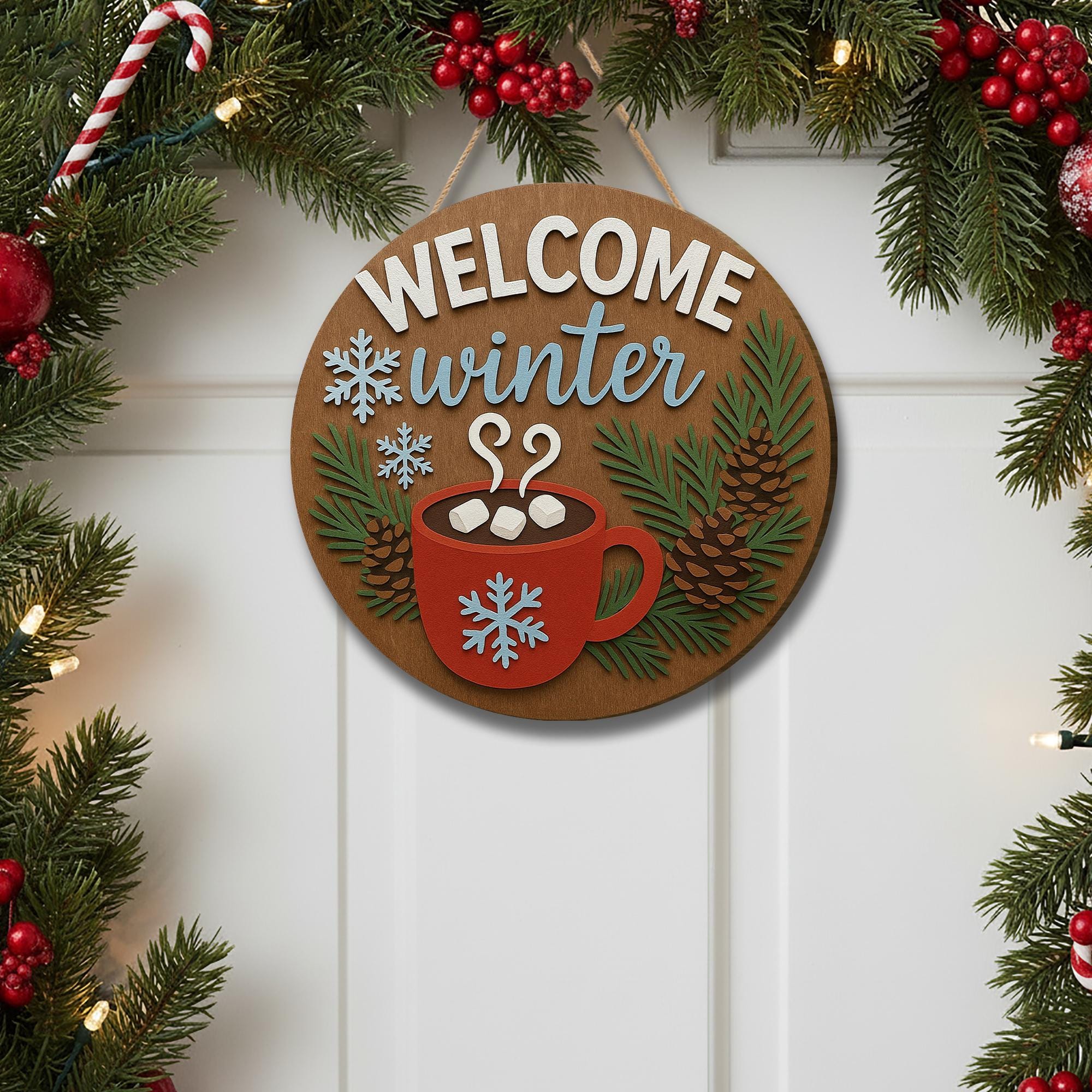 Welcome Winter Door Hanger – Wooden Snowflake Hot Cocoa Sign for Christmas Gifts