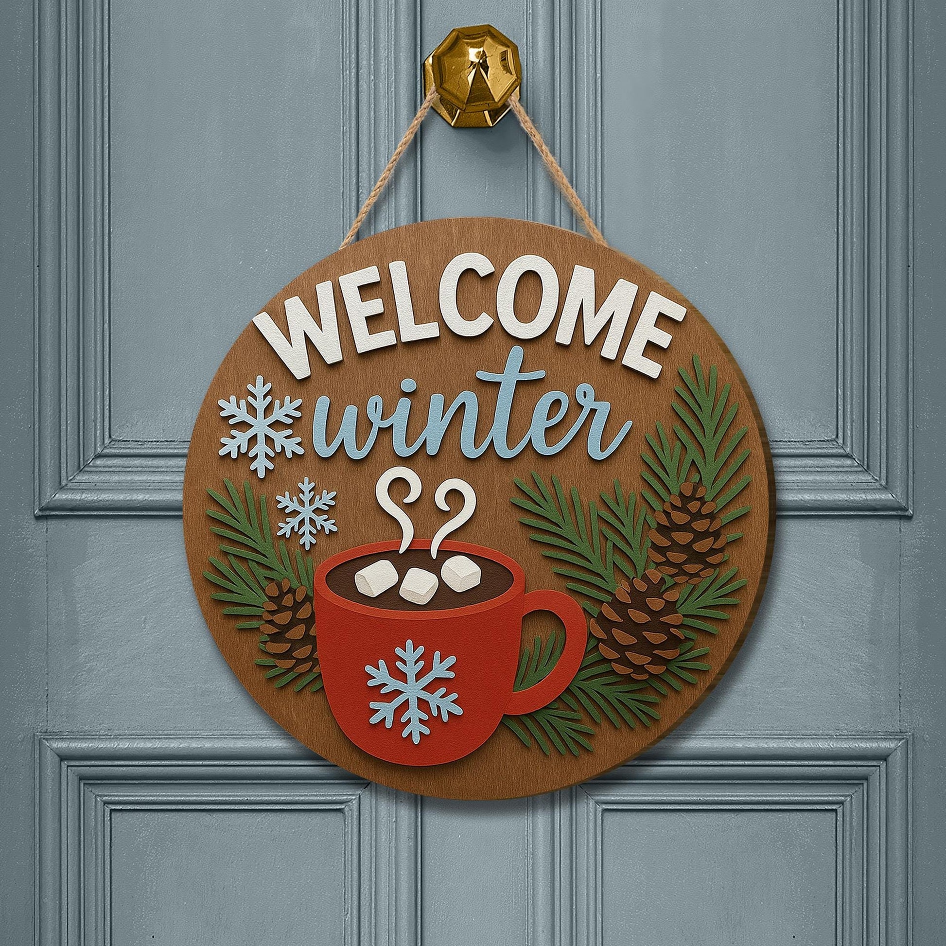 Welcome Winter Door Hanger – Wooden Snowflake Hot Cocoa Sign for Christmas Gifts