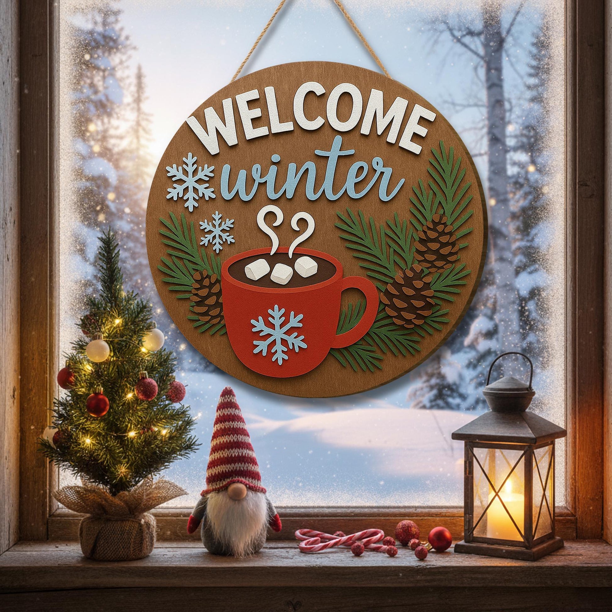Welcome Winter Door Hanger – Wooden Snowflake Hot Cocoa Sign for Christmas Gifts