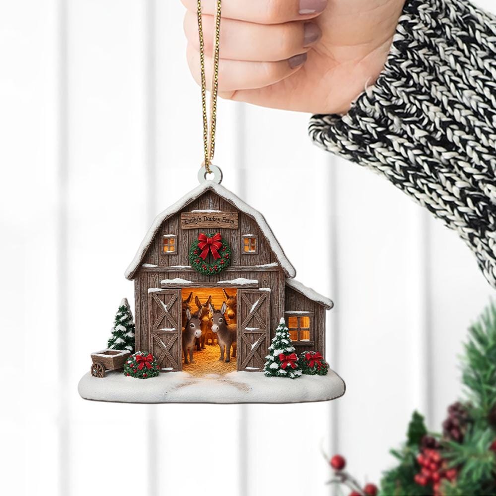 Personalized Hologram Barn Ornament – Custom Farmhouse Christmas Decoration with Donkeys