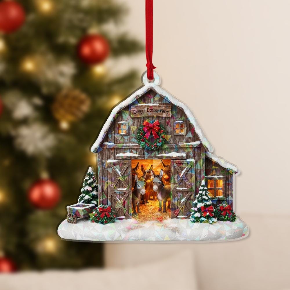 Personalized Hologram Barn Ornament – Custom Farmhouse Christmas Decoration with Donkeys