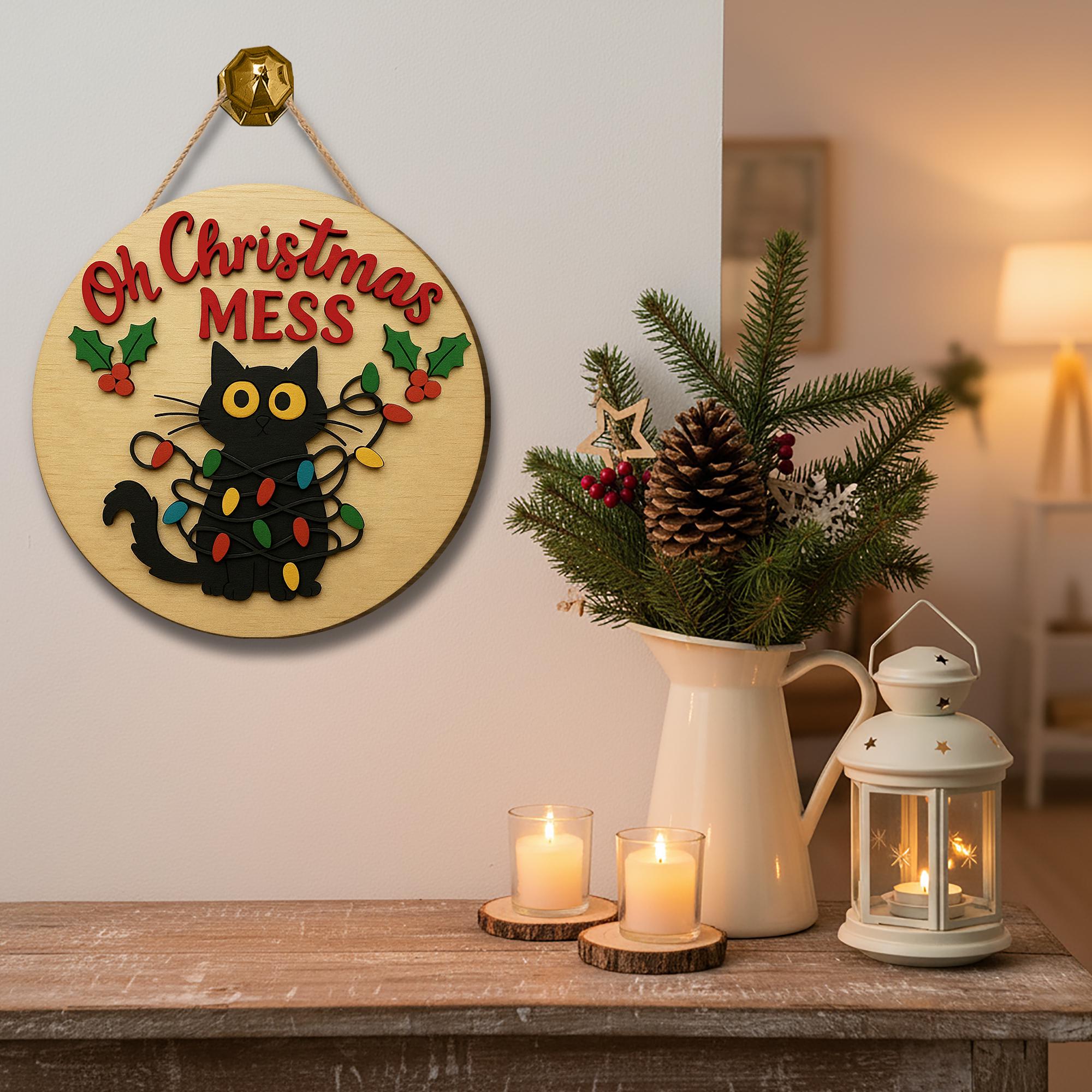Oh Christmas Mess Sign – Funny Black Cat Wooden Ornament for Holiday Door Décor