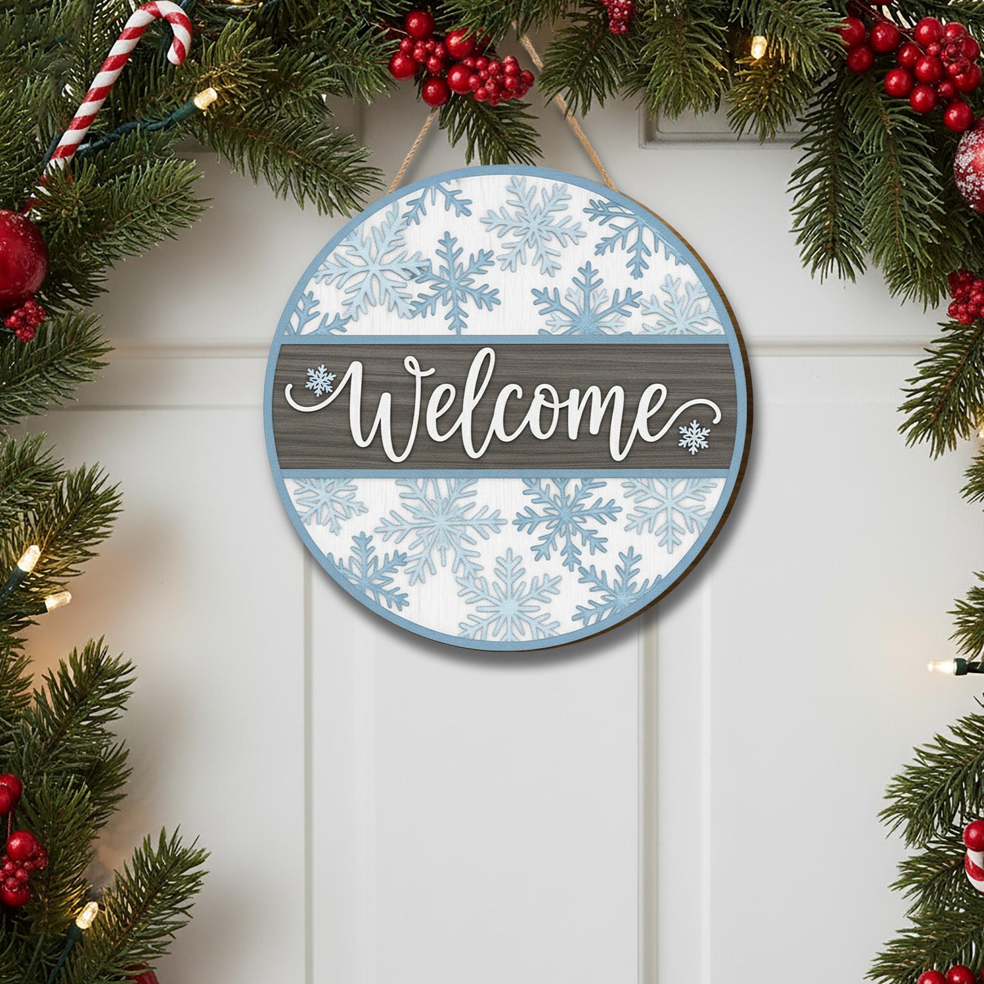 Welcome Snowflake Door Sign – Rustic Wooden Winter Ornament Gift for Holiday Décor