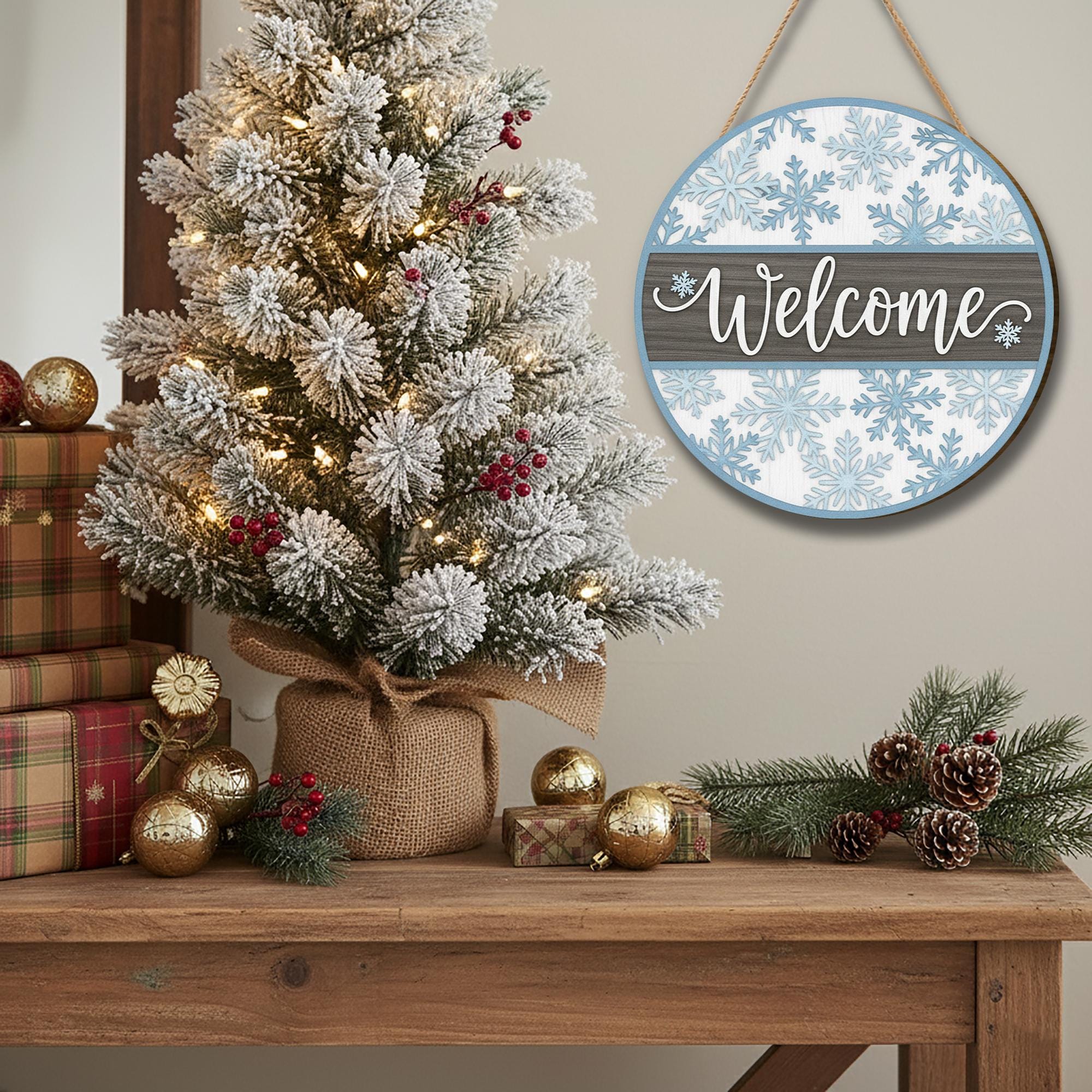 Welcome Snowflake Door Sign – Rustic Wooden Winter Ornament Gift for Holiday Décor