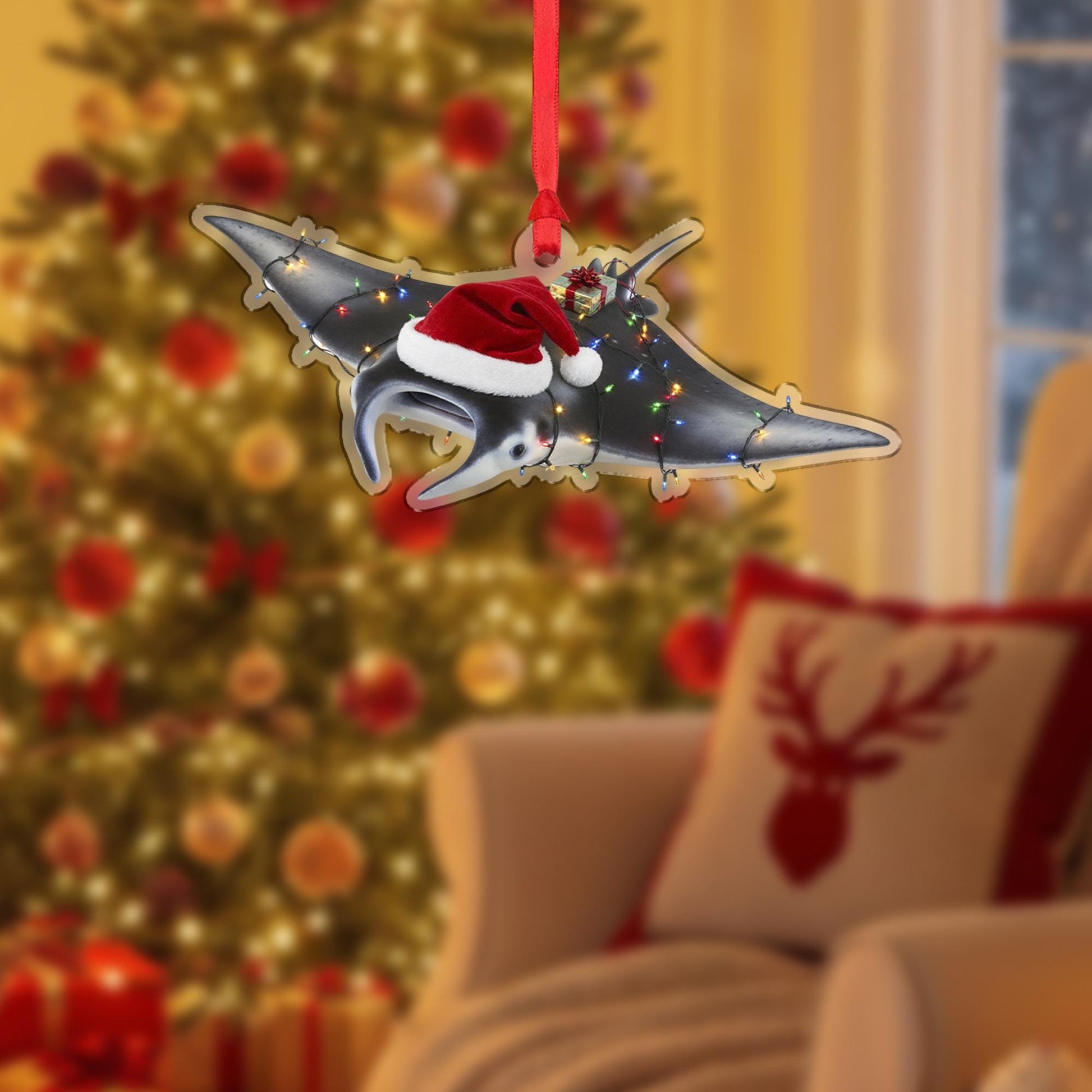 Manta Ray Ornament – Christmas Tree Decoration with Santa Hat and Lights