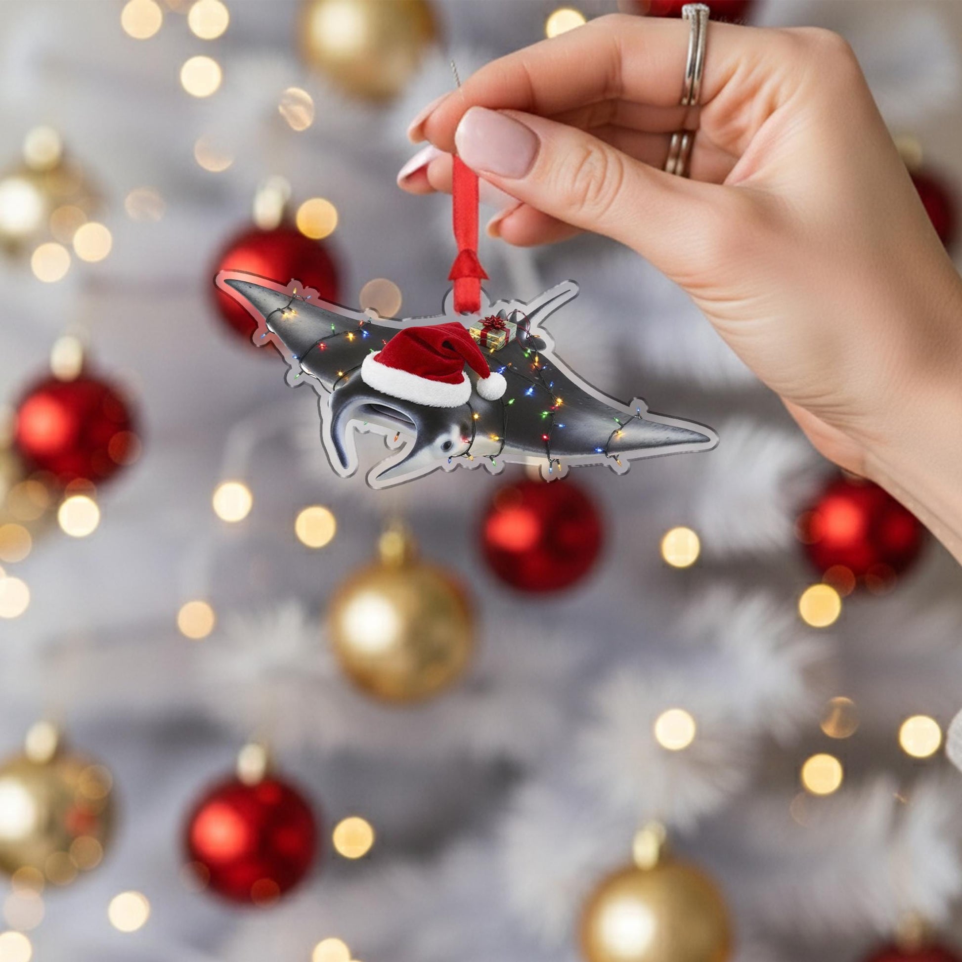 Manta Ray Ornament – Christmas Tree Decoration with Santa Hat and Lights