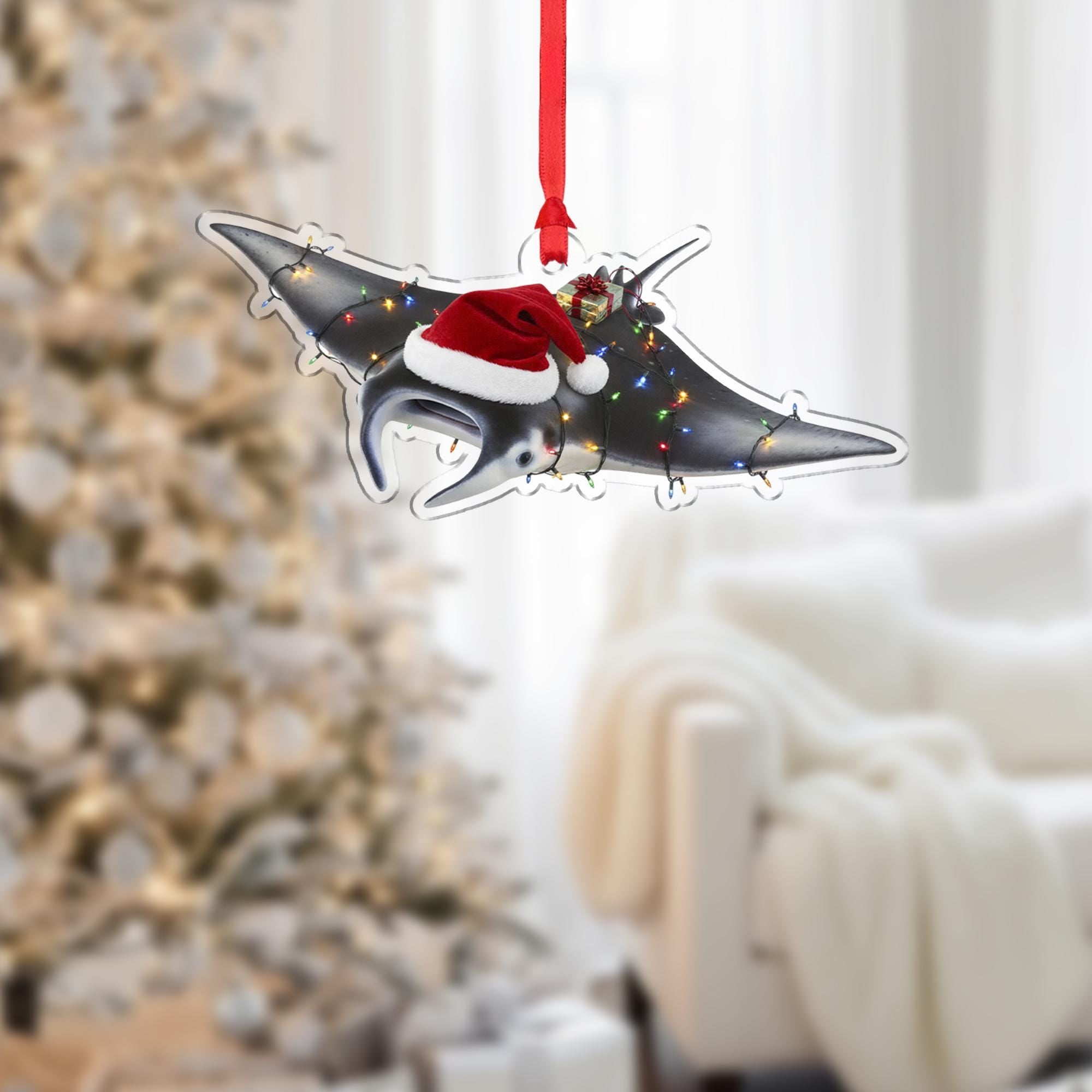 Manta Ray Ornament – Christmas Tree Decoration with Santa Hat and Lights