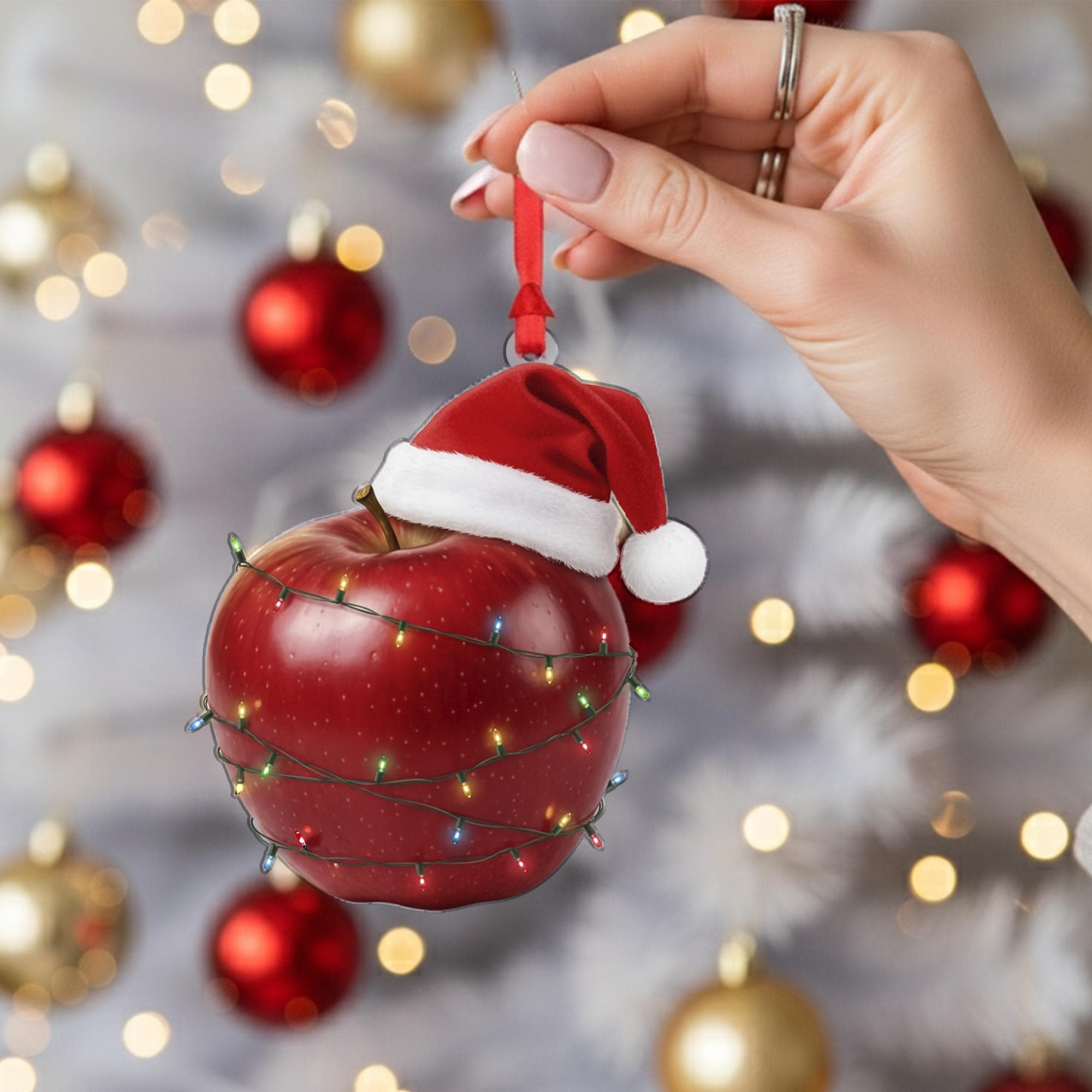 Apple Ornament – Christmas Tree Decoration with Santa Hat and Lights
