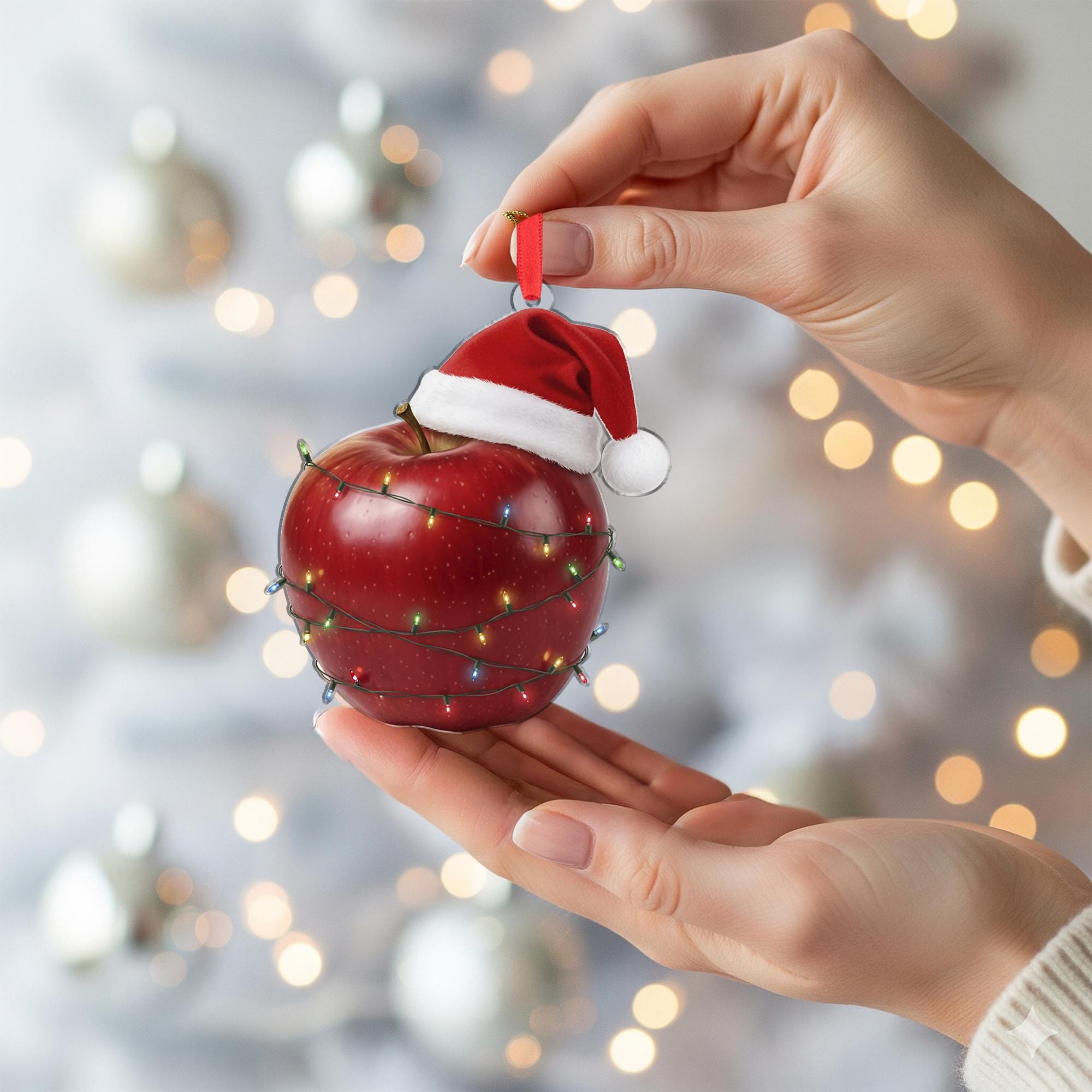 Apple Ornament – Christmas Tree Decoration with Santa Hat and Lights