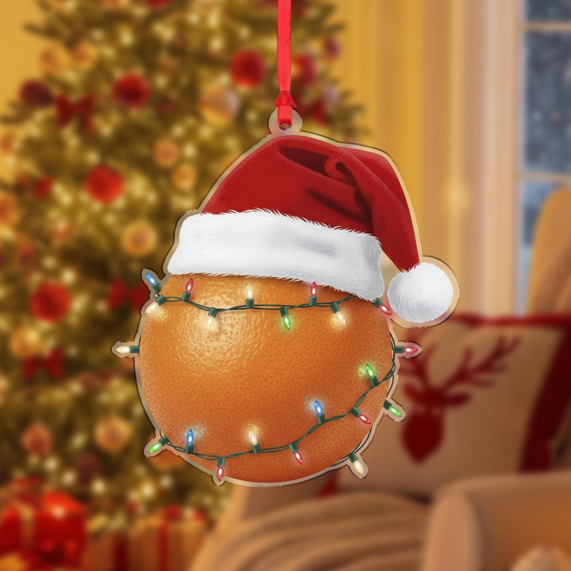 Orange Ornament – Christmas Tree Decoration with Santa Hat and Lights