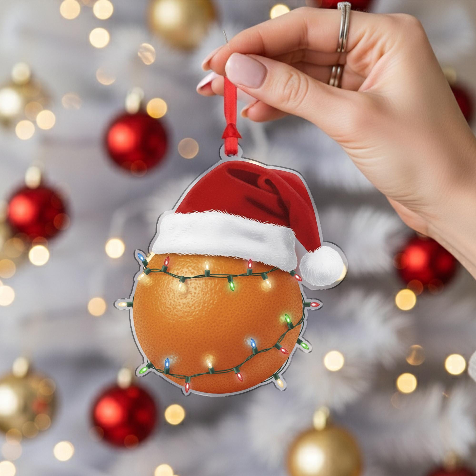 Orange Ornament – Christmas Tree Decoration with Santa Hat and Lights