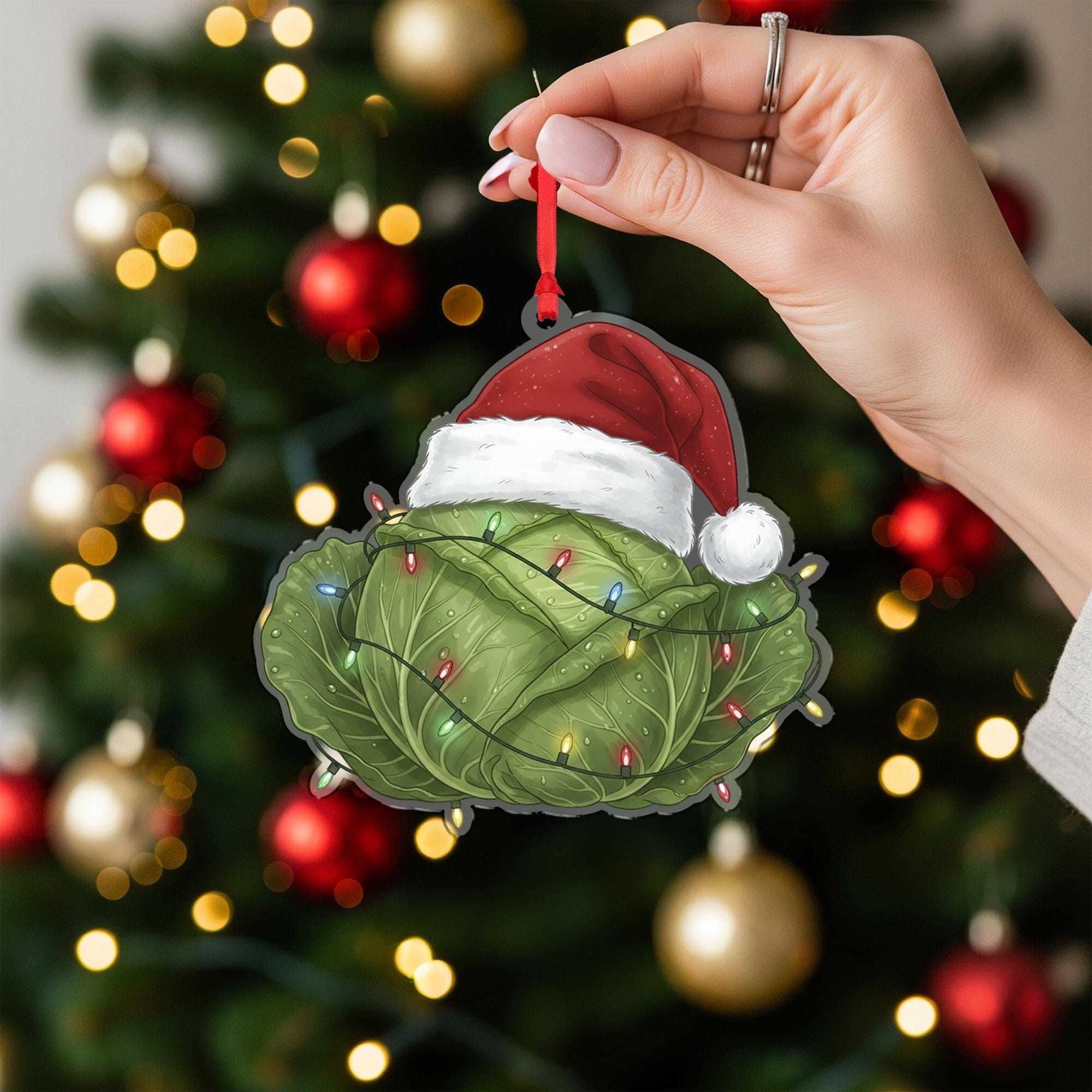 Cabbage Ornament – Christmas Tree Decoration with Santa Hat and Lights