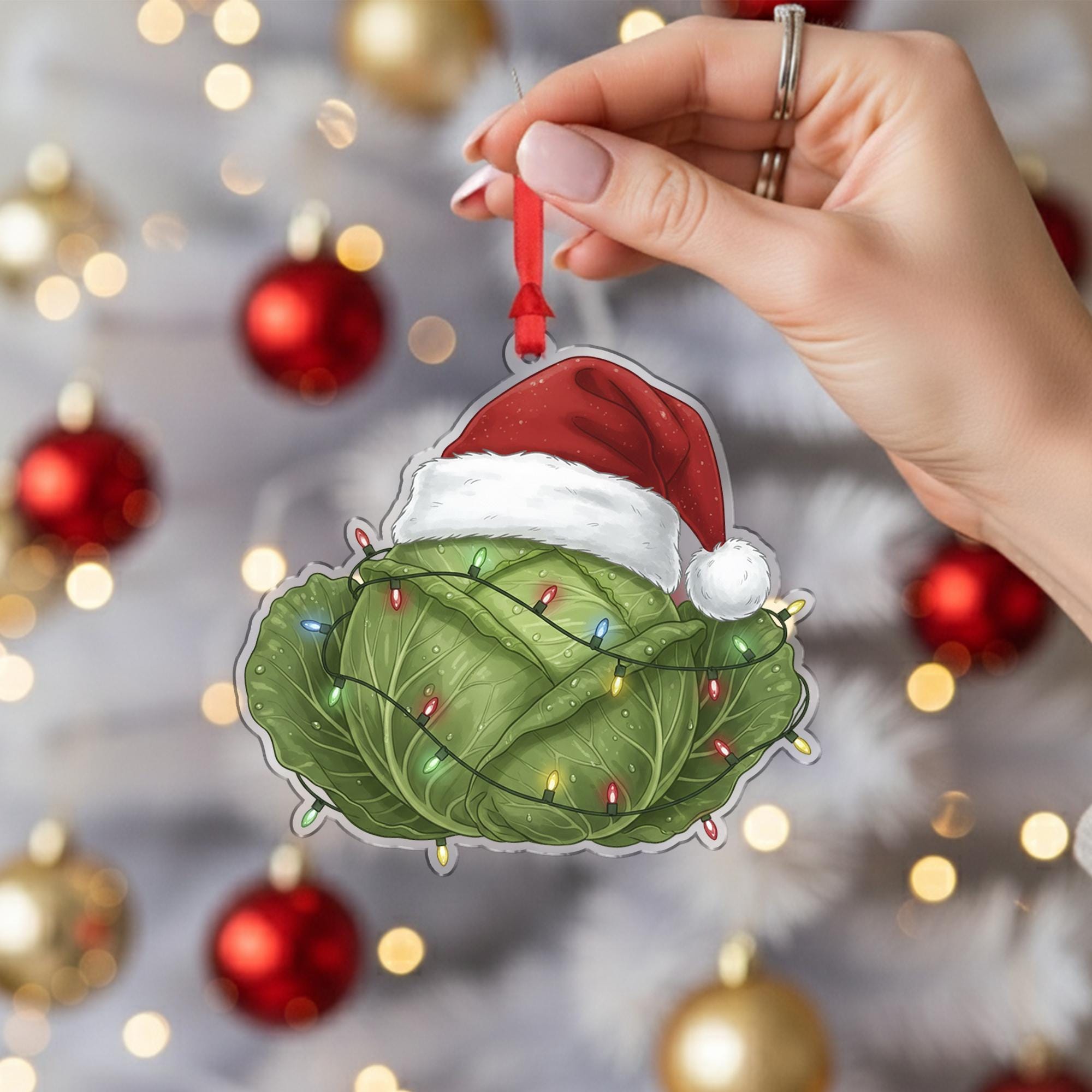Cabbage Ornament – Christmas Tree Decoration with Santa Hat and Lights