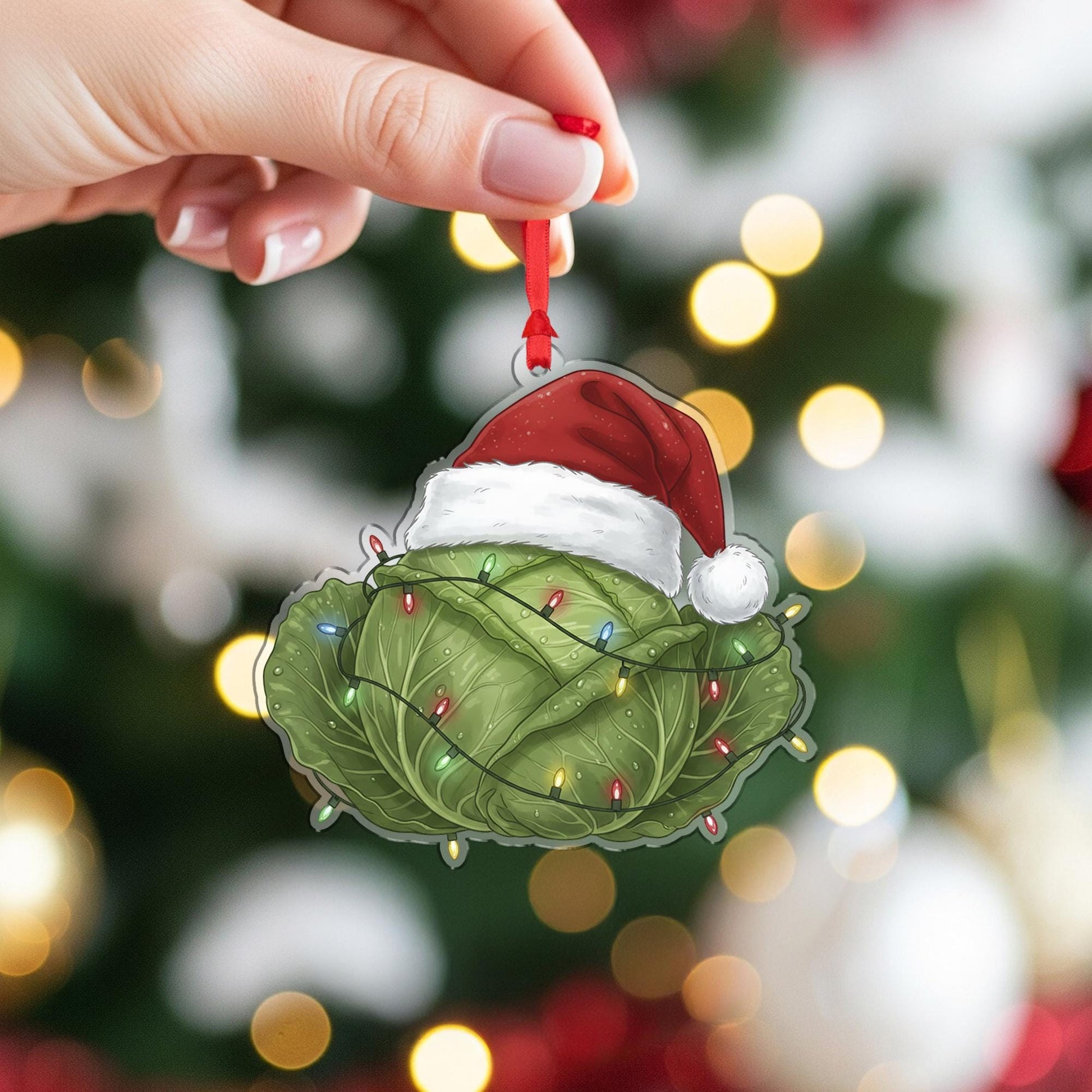 Cabbage Ornament – Christmas Tree Decoration with Santa Hat and Lights