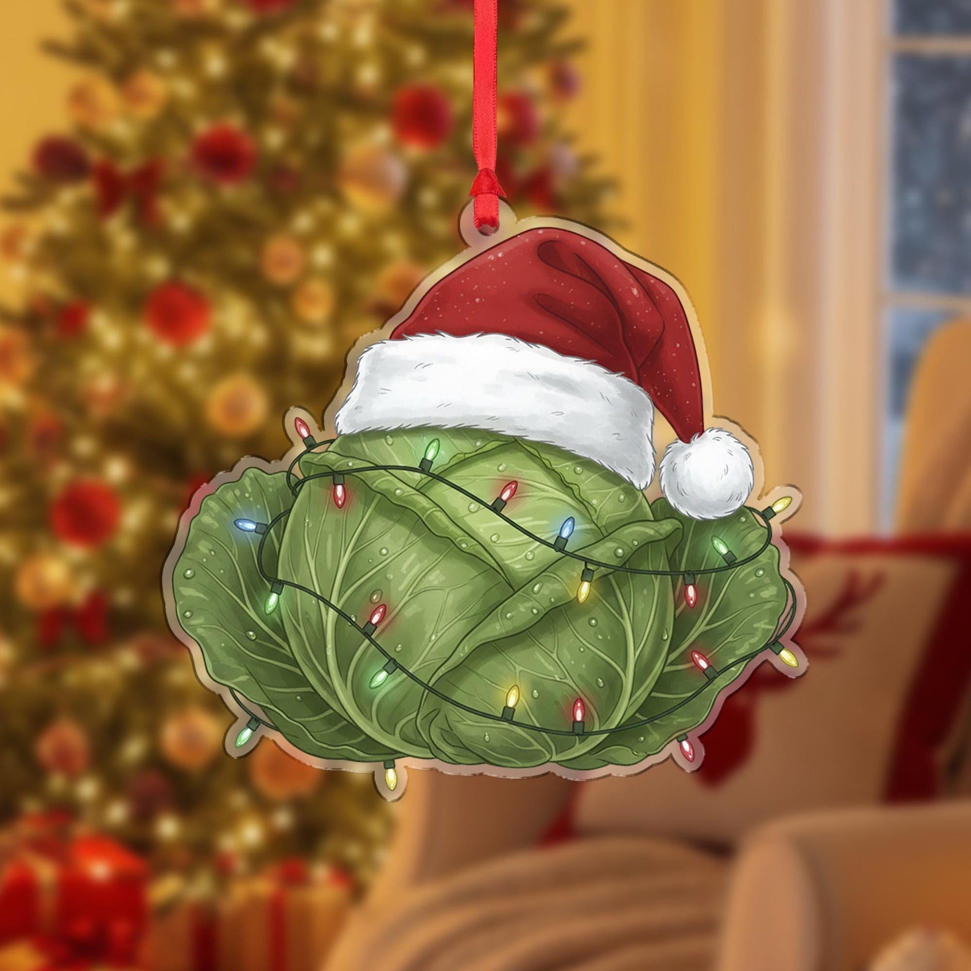 Cabbage Ornament – Christmas Tree Decoration with Santa Hat and Lights