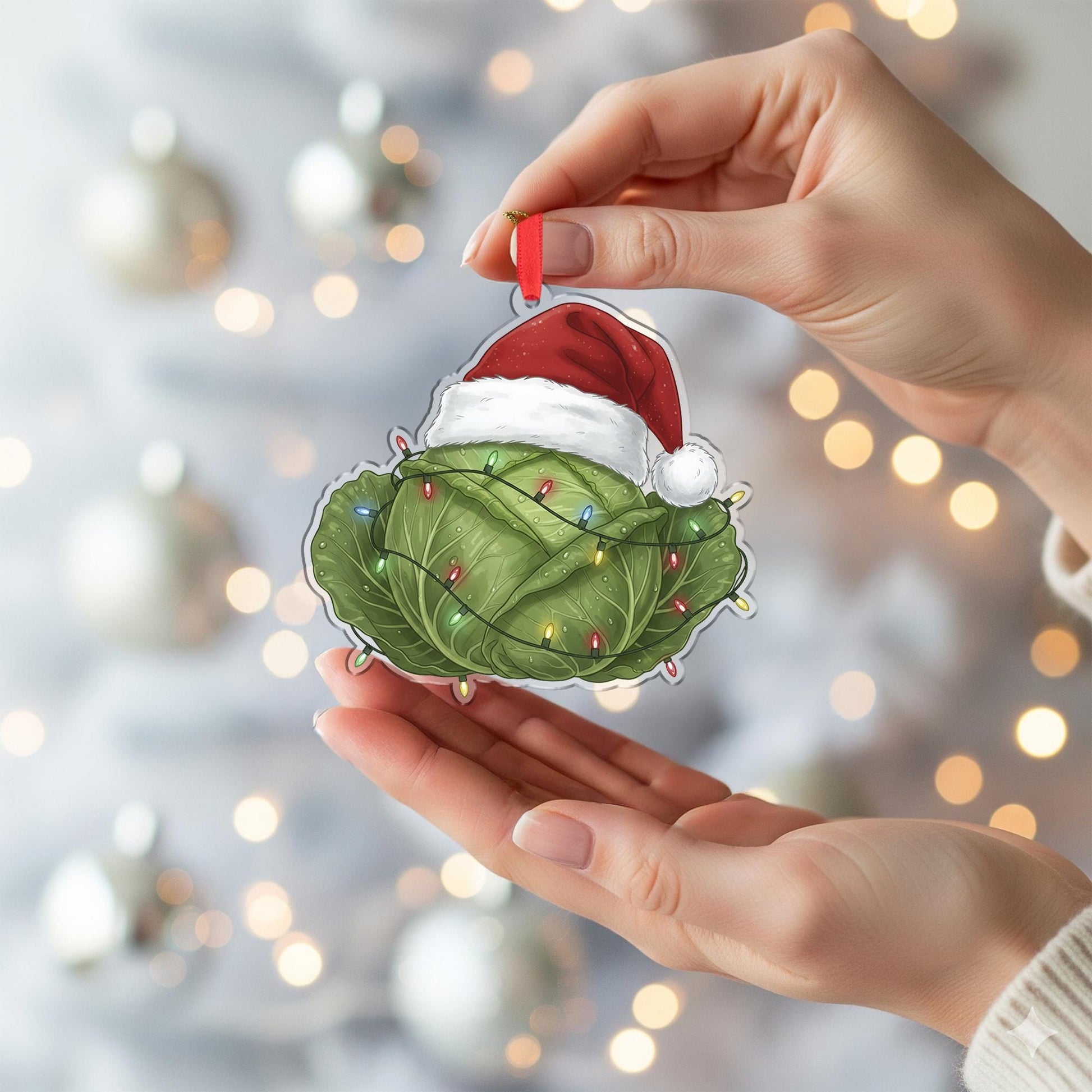 Cabbage Ornament – Christmas Tree Decoration with Santa Hat and Lights