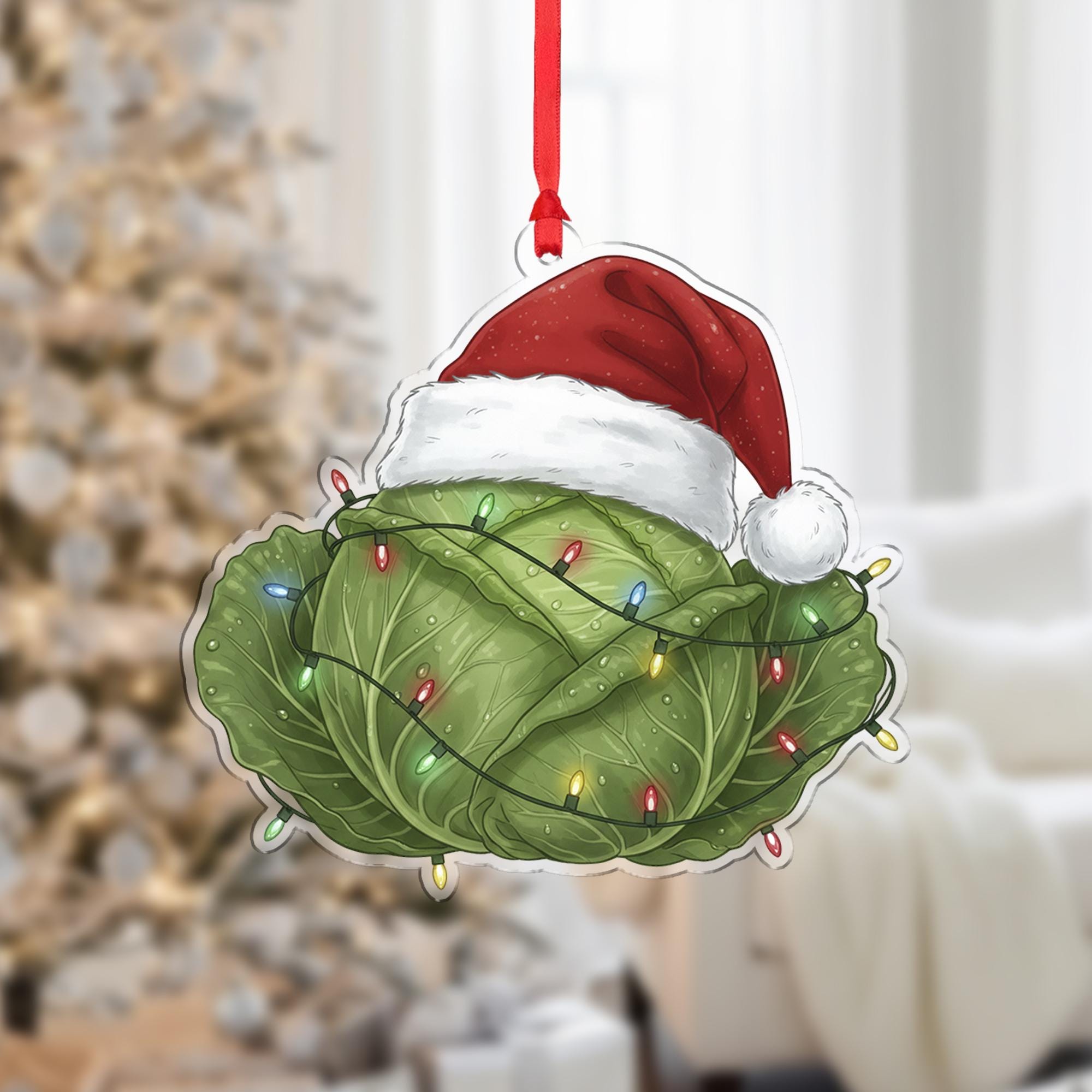 Cabbage Ornament – Christmas Tree Decoration with Santa Hat and Lights