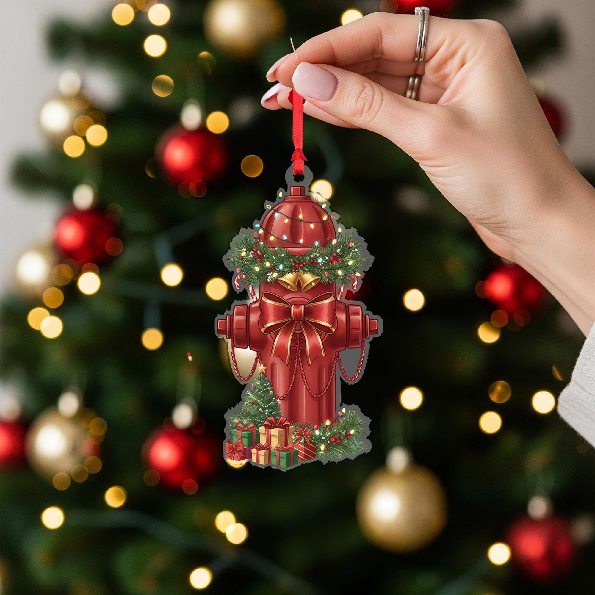 Fire Hydrant Ornament – Christmas Tree Decoration with Wreath Bow and Gifts