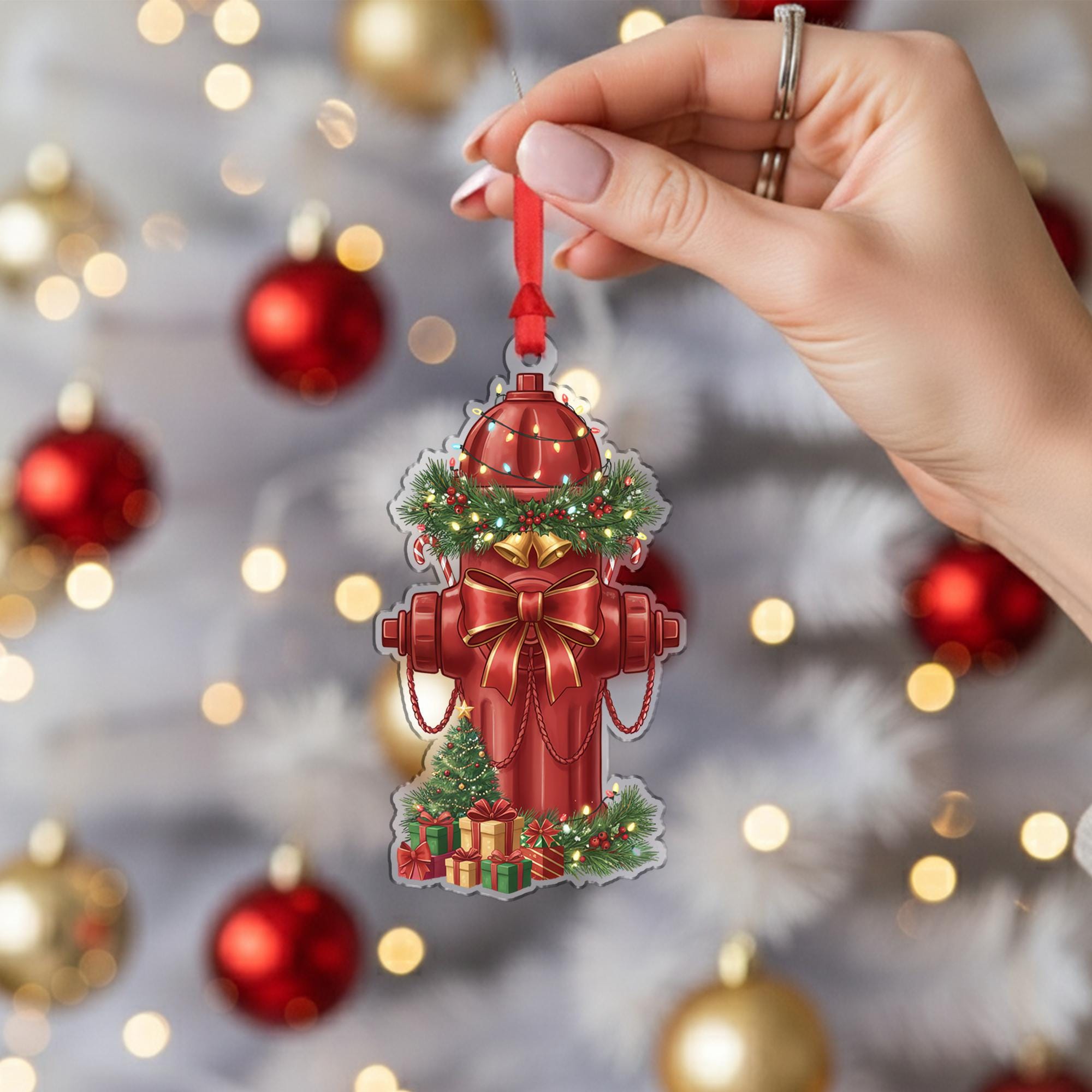 Fire Hydrant Ornament – Christmas Tree Decoration with Wreath Bow and Gifts
