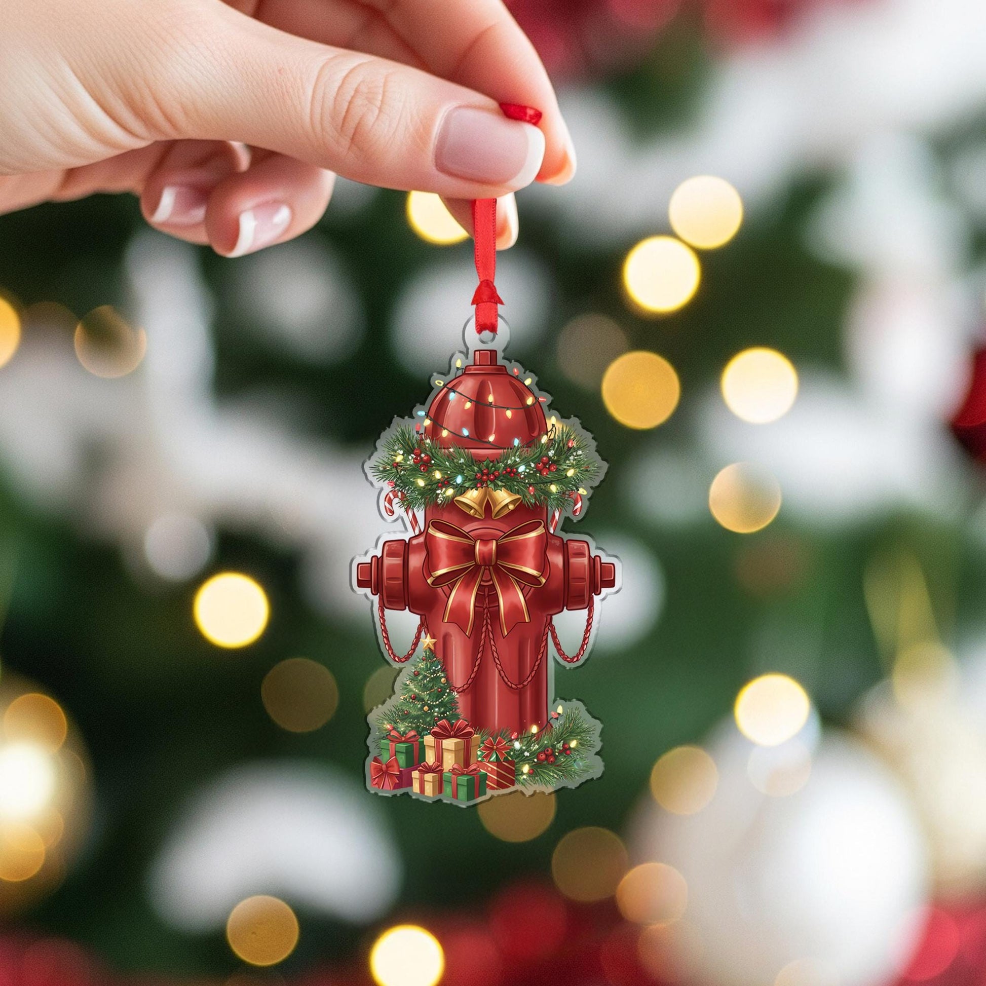 Fire Hydrant Ornament – Christmas Tree Decoration with Wreath Bow and Gifts