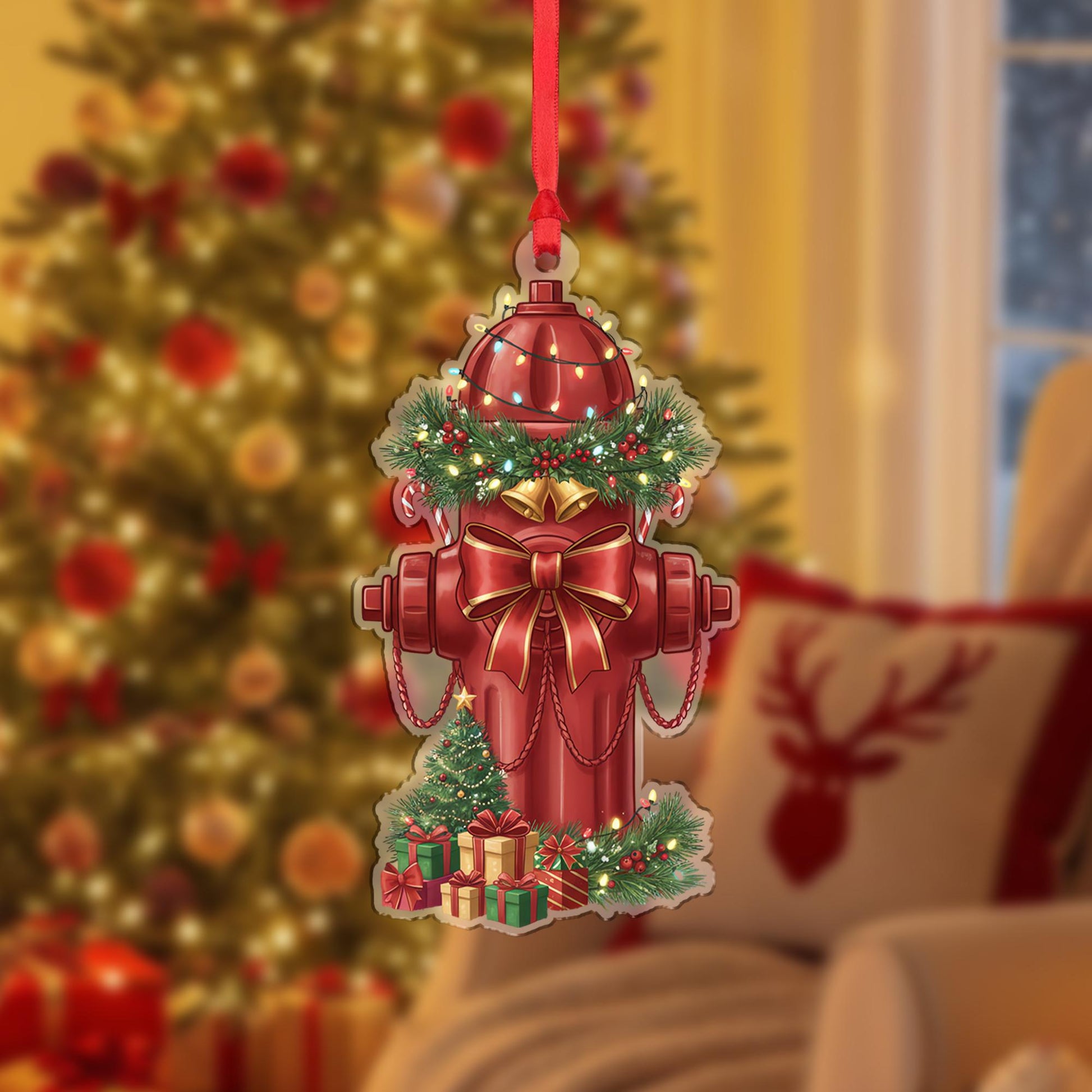 Fire Hydrant Ornament – Christmas Tree Decoration with Wreath Bow and Gifts