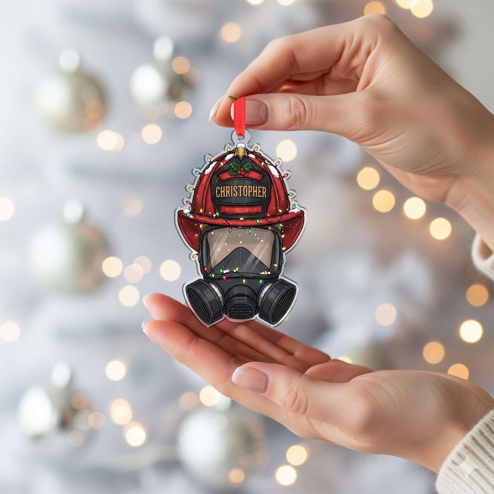 Personalized Firefighter Helmet Ornament – Christmas Tree Decoration with Gas Mask and Holiday Lights