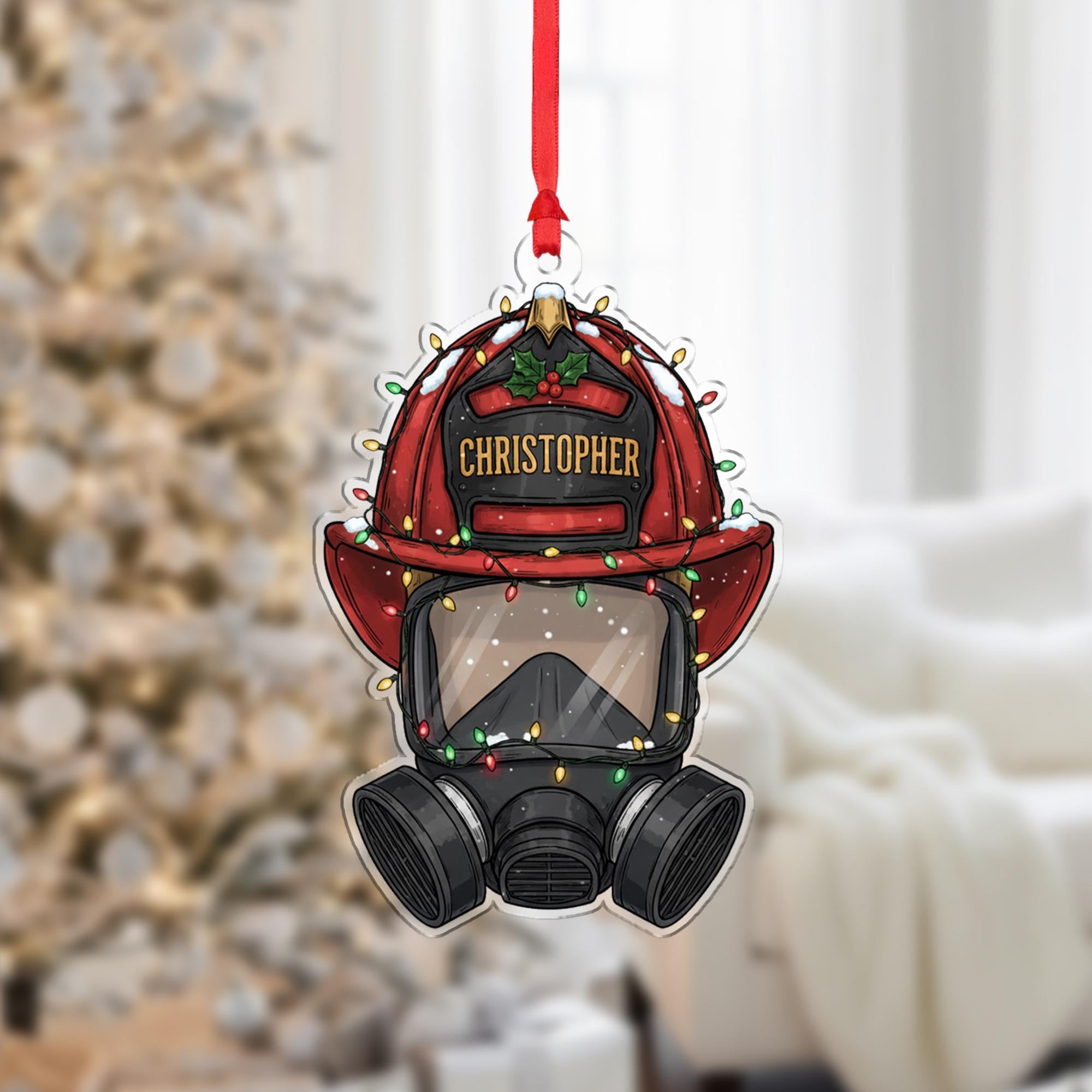 Personalized Firefighter Helmet Ornament – Christmas Tree Decoration with Gas Mask and Holiday Lights