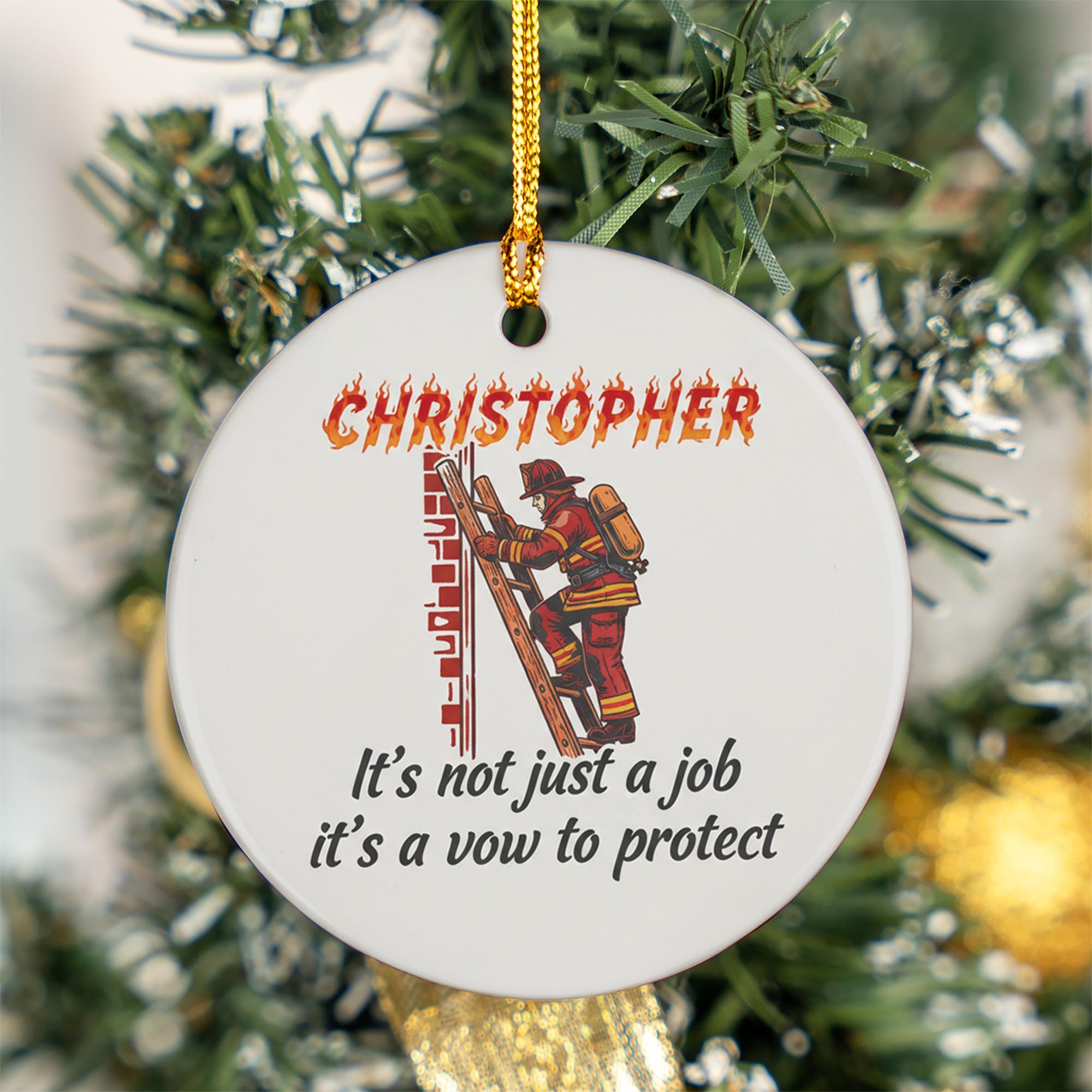 Personalized Ceramic Ornament: Firefighter Design Protective Quote Red Uniform