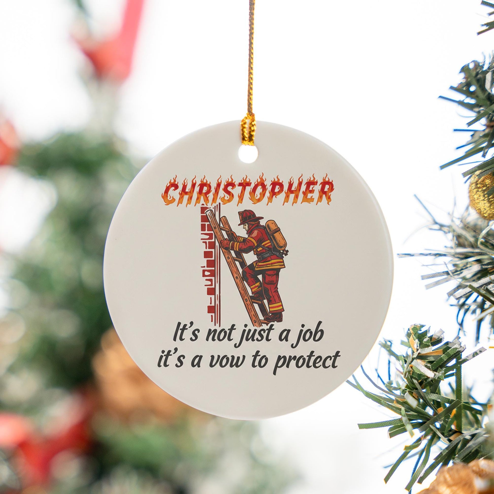 Personalized Ceramic Ornament: Firefighter Design Protective Quote Red Uniform