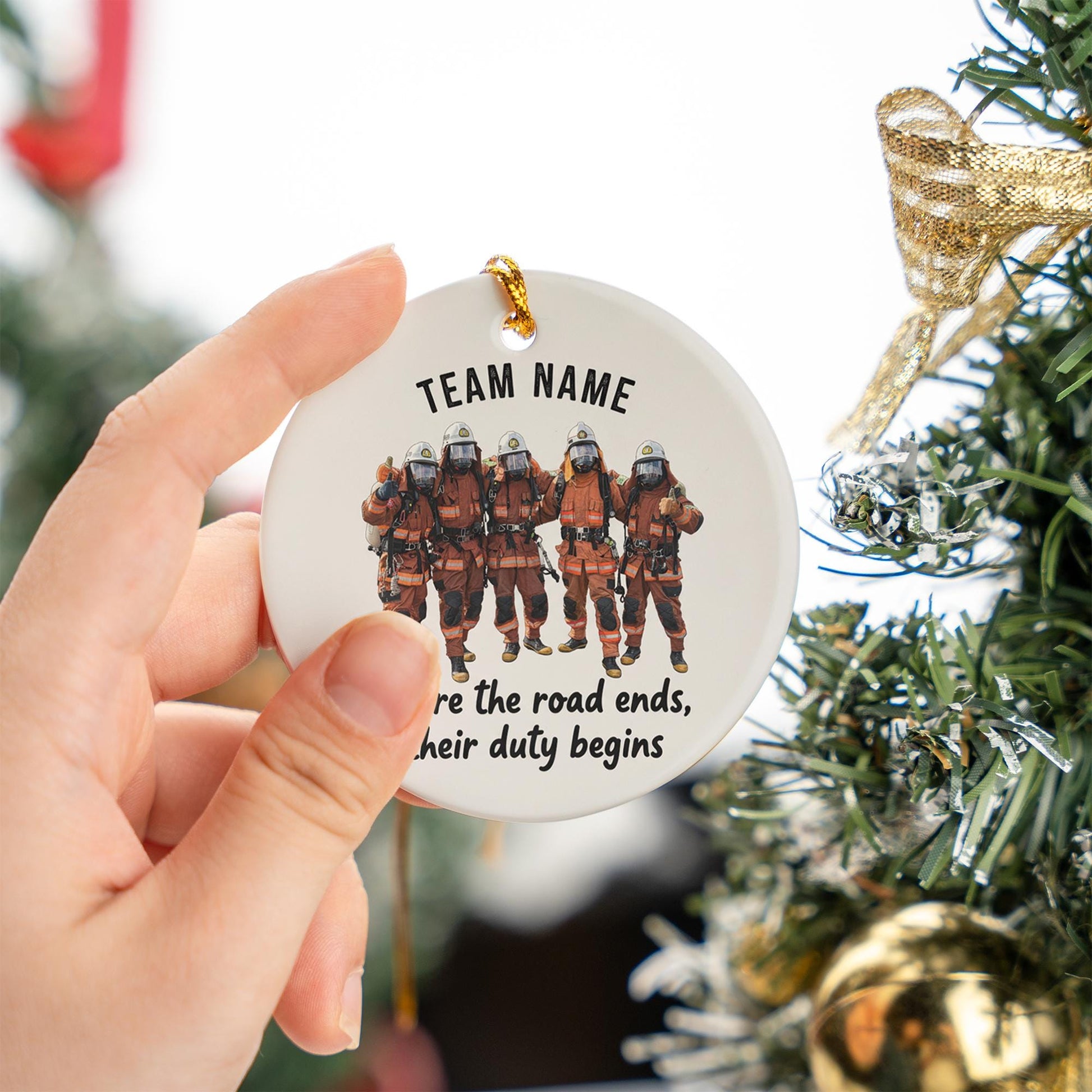 Personalized Ceramic Ornament: Firefighter Team Design Duty Quote Red Uniform