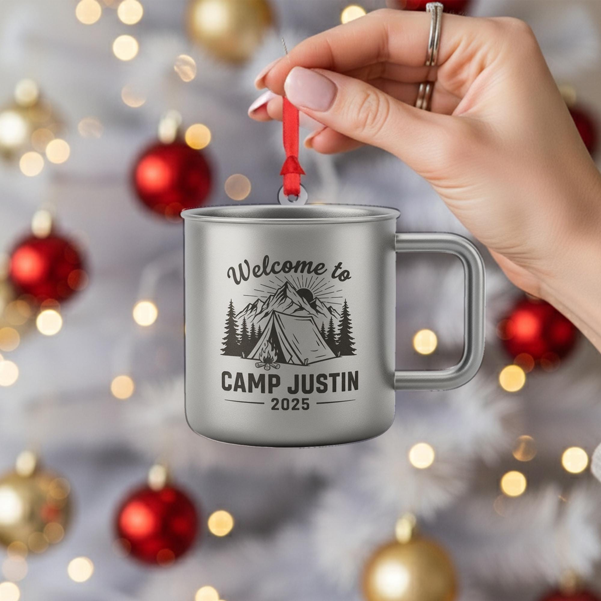 Personalized Metal Camping Mug Ornament: Tent Mountain Design Rustic Outdoor Decor