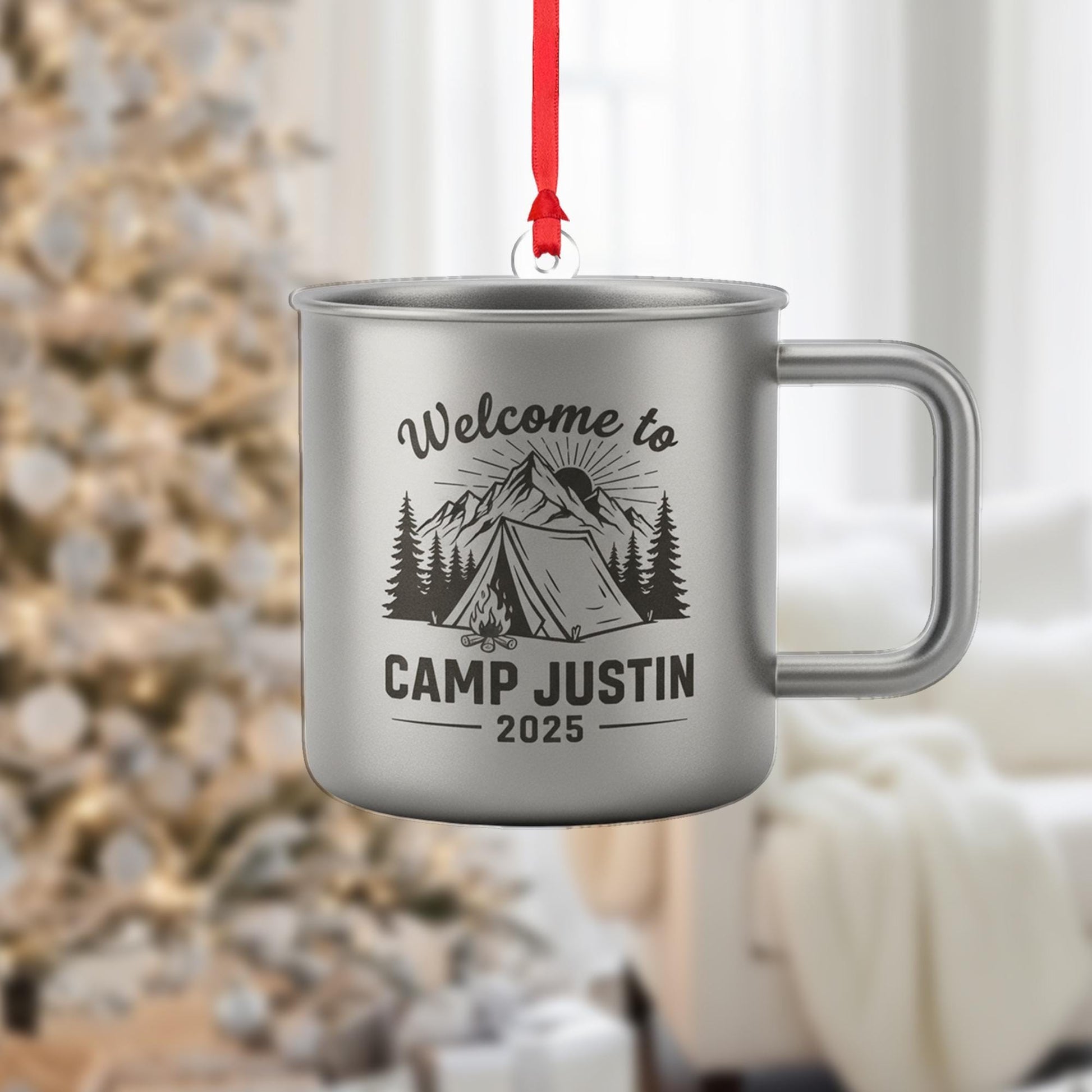 Personalized Metal Camping Mug Ornament: Tent Mountain Design Rustic Outdoor Decor