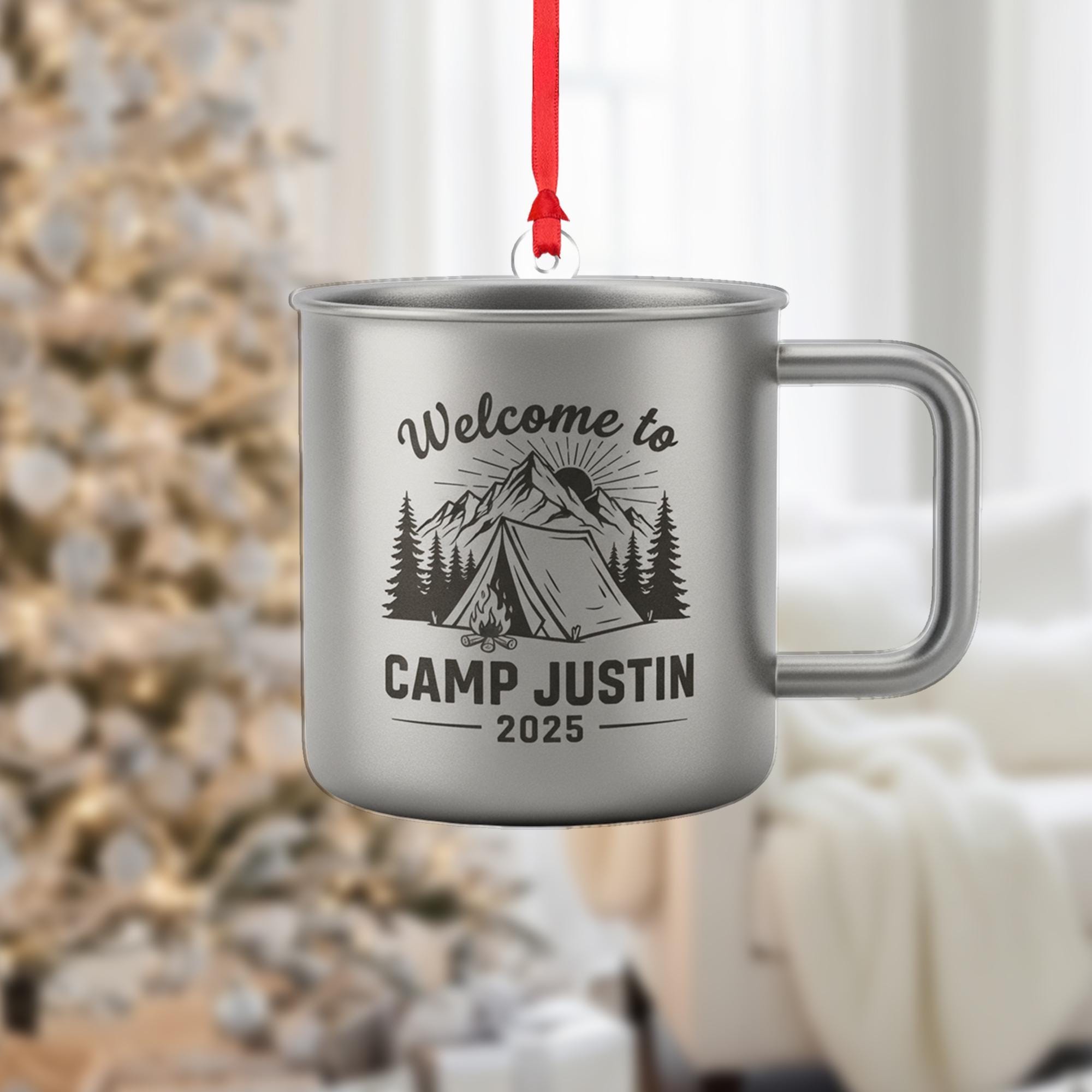 Personalized Metal Camping Mug Ornament: Tent Mountain Design Rustic Outdoor Decor
