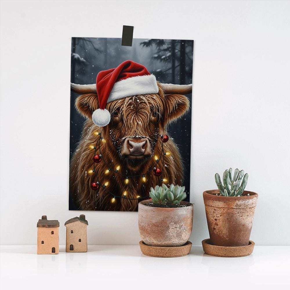 Highland Cow Christmas Poster – Santa Hat Cow Wall Art Print with Lights