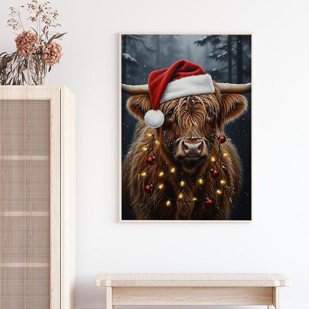 Highland Cow Christmas Poster – Santa Hat Cow Wall Art Print with Lights