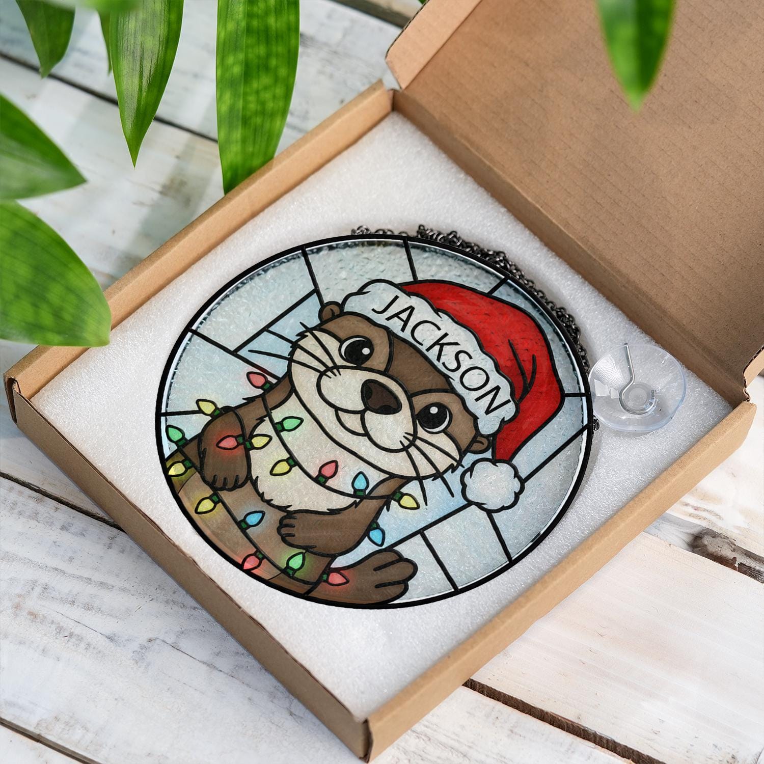Personalized Otter Christmas Glass Suncatcher – Faux Stained Glass Ornament Holiday Design