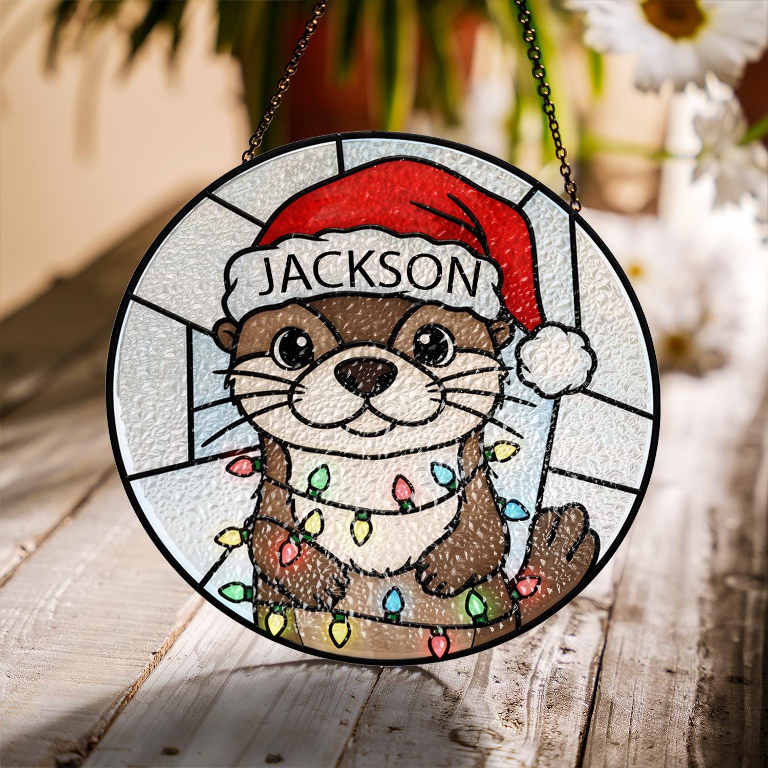 Personalized Otter Christmas Glass Suncatcher – Faux Stained Glass Ornament Holiday Design