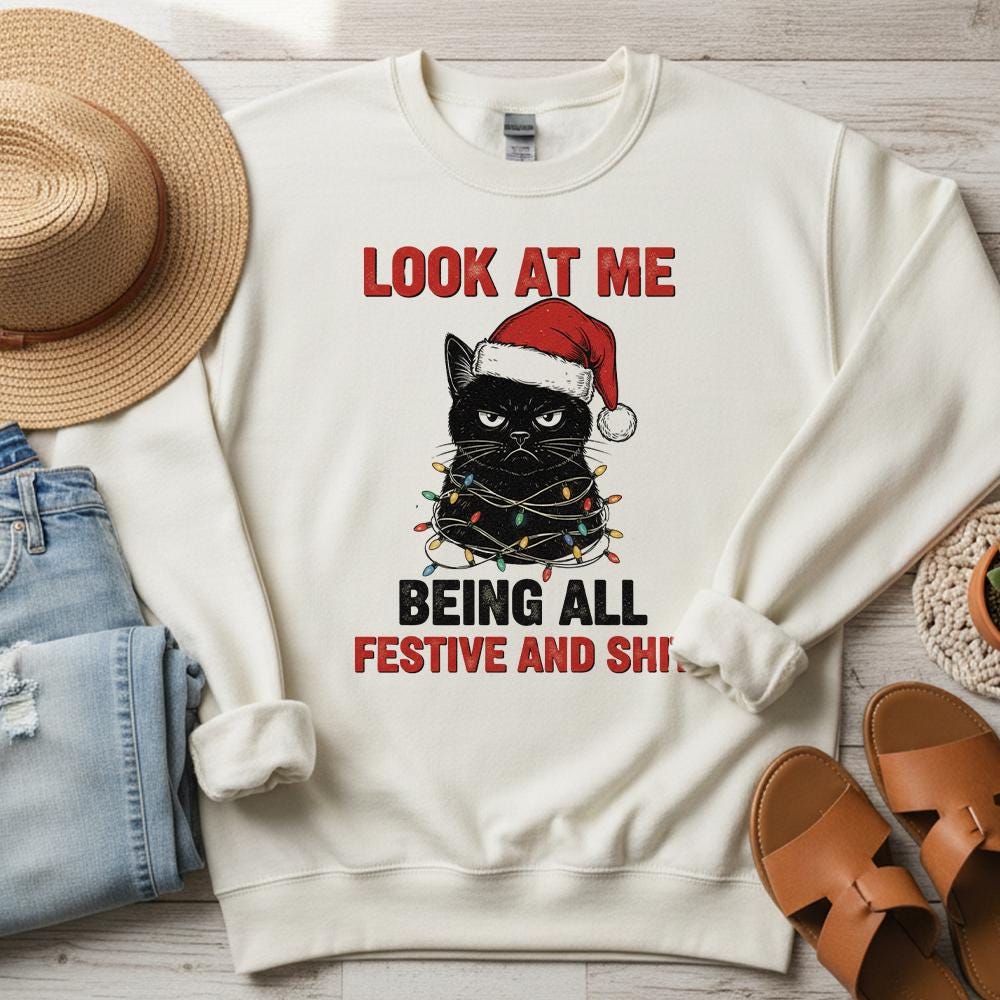 Cat Christmas Sweatshirt – Funny Santa Hat Pullover with Holiday Lights Design