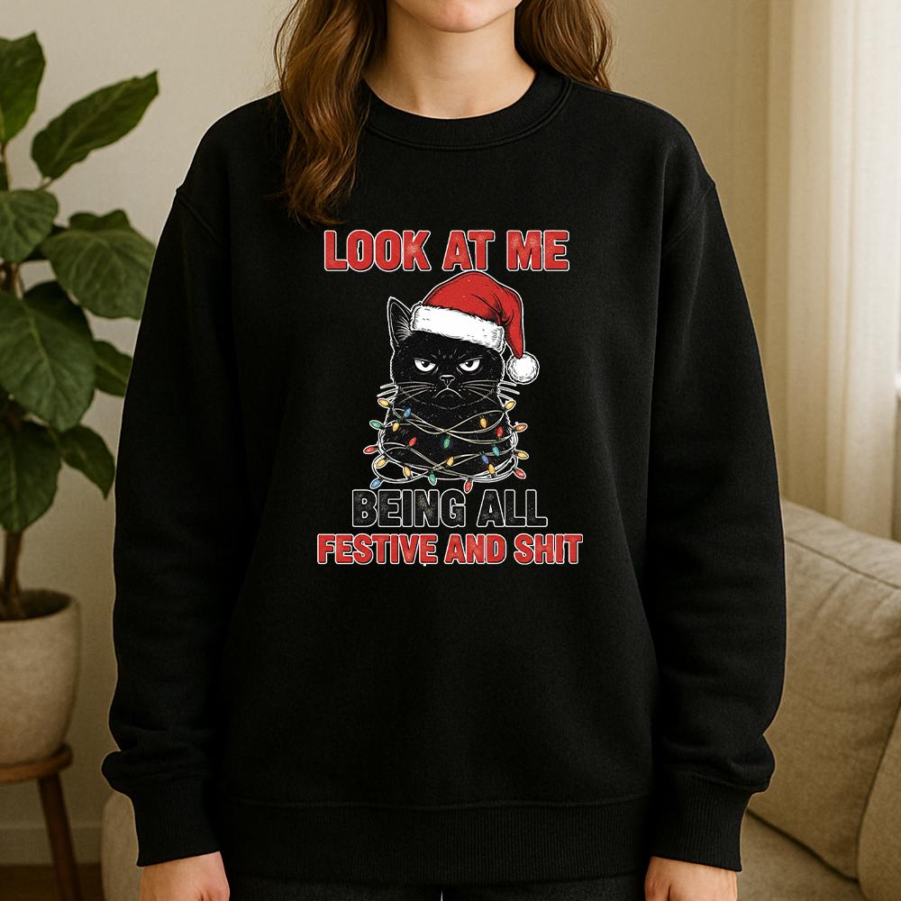Cat Christmas Sweatshirt – Funny Santa Hat Pullover with Holiday Lights Design