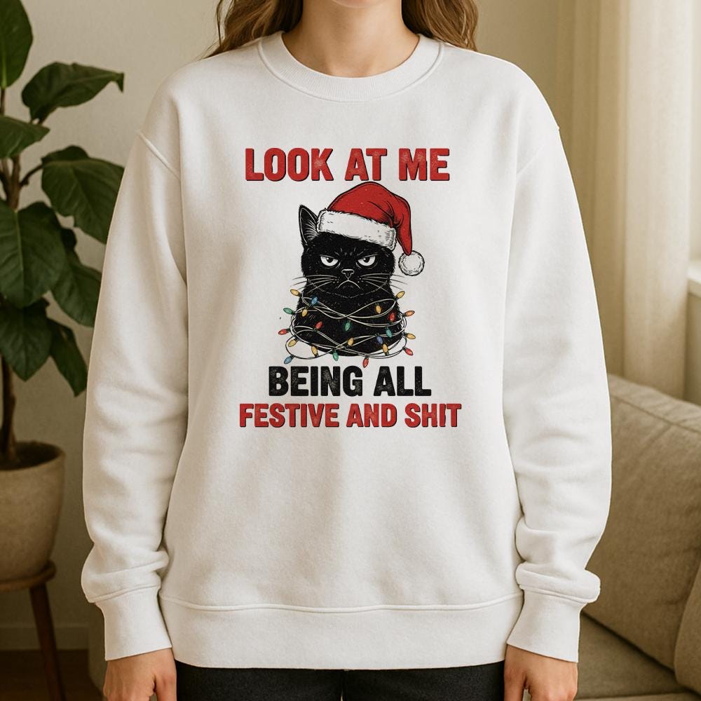 Cat Christmas Sweatshirt – Funny Santa Hat Pullover with Holiday Lights Design
