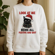 Cat Christmas Sweatshirt – Funny Santa Hat Pullover with Holiday Lights Design