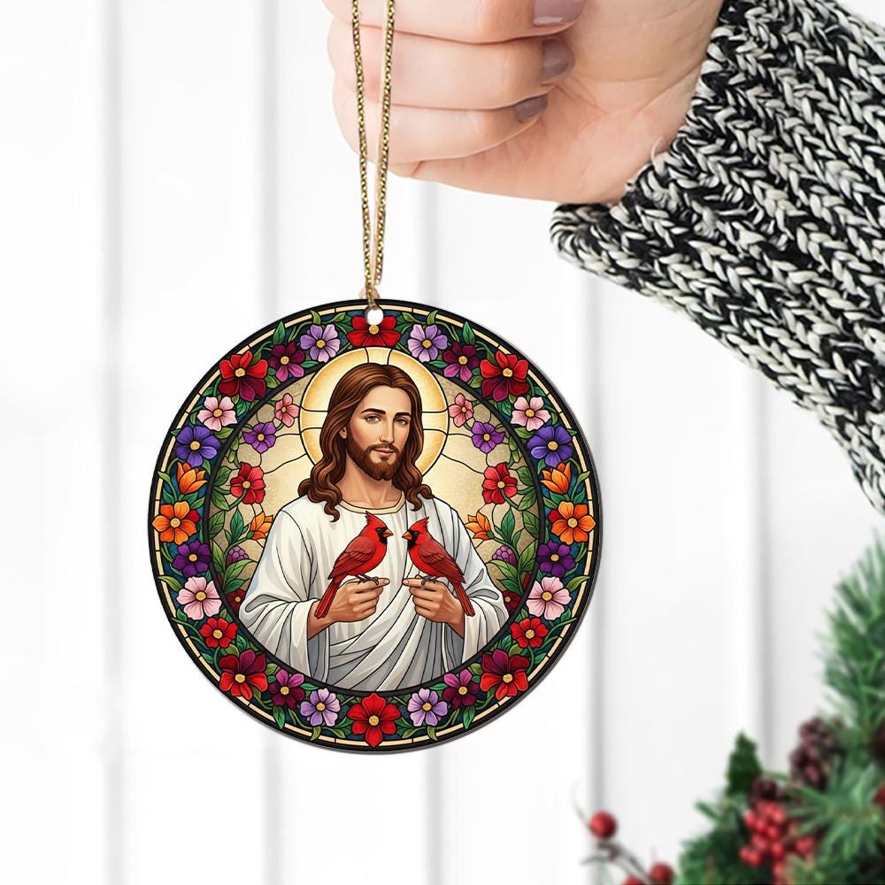 Jesus & Cardinals Ornament: Faux Stained Glass Christian Decor