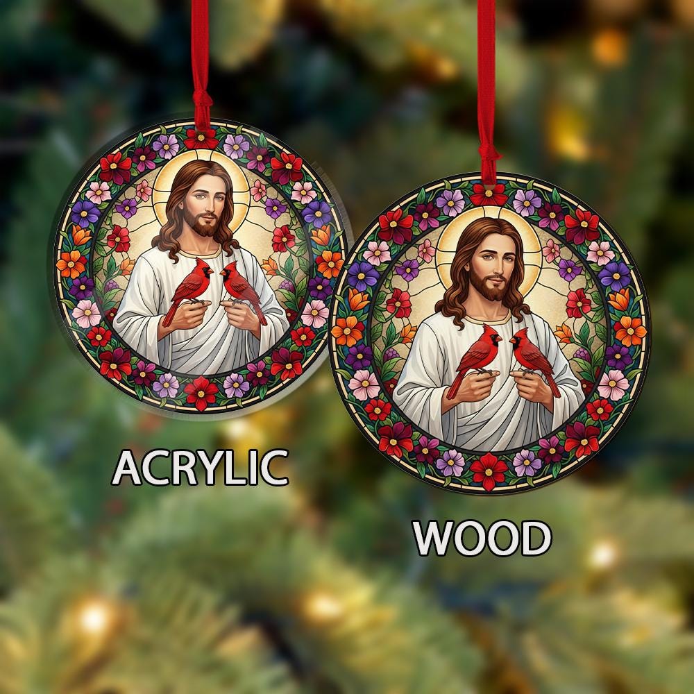 Jesus & Cardinals Ornament: Faux Stained Glass Christian Decor
